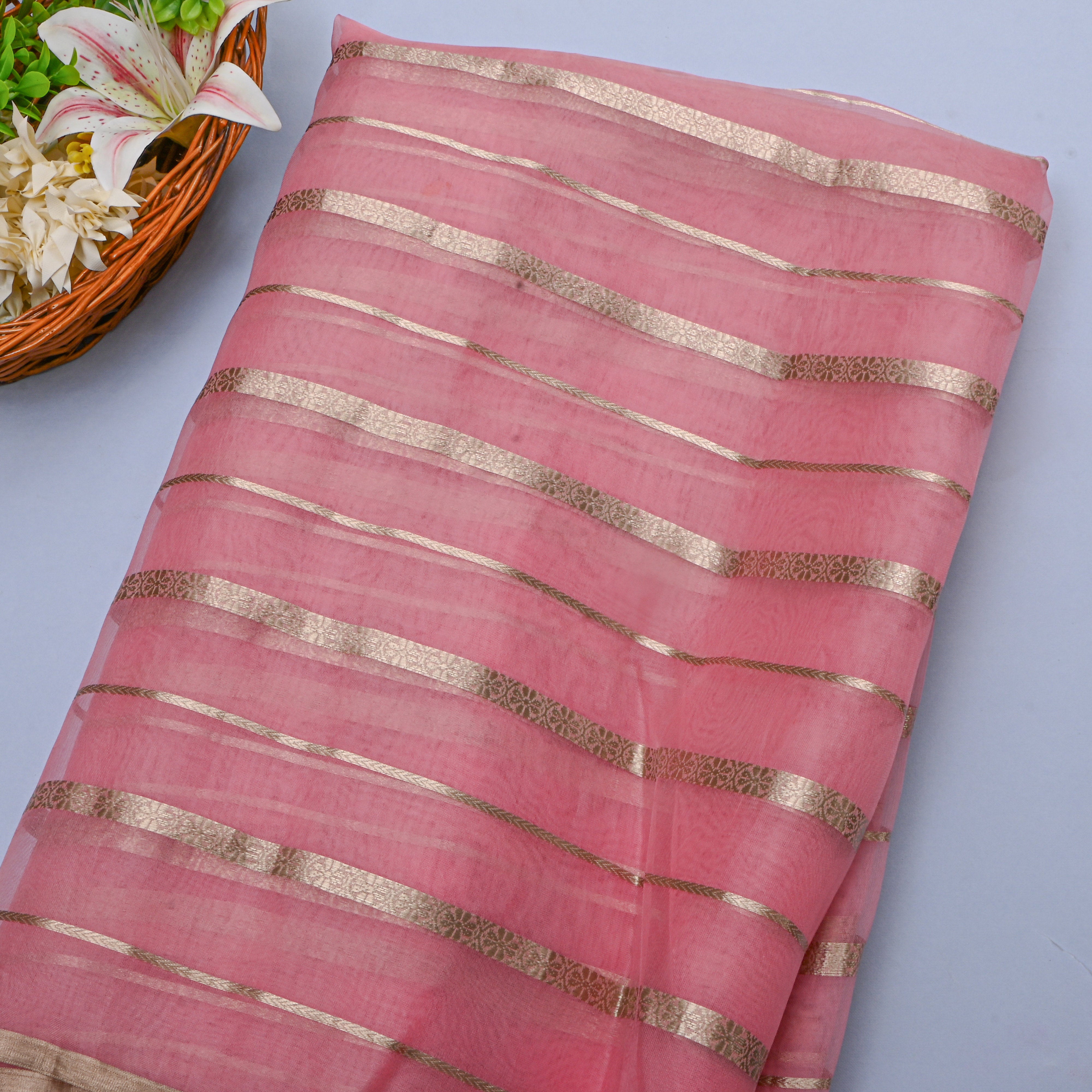 Pink Striped Zari Embroidered Organza