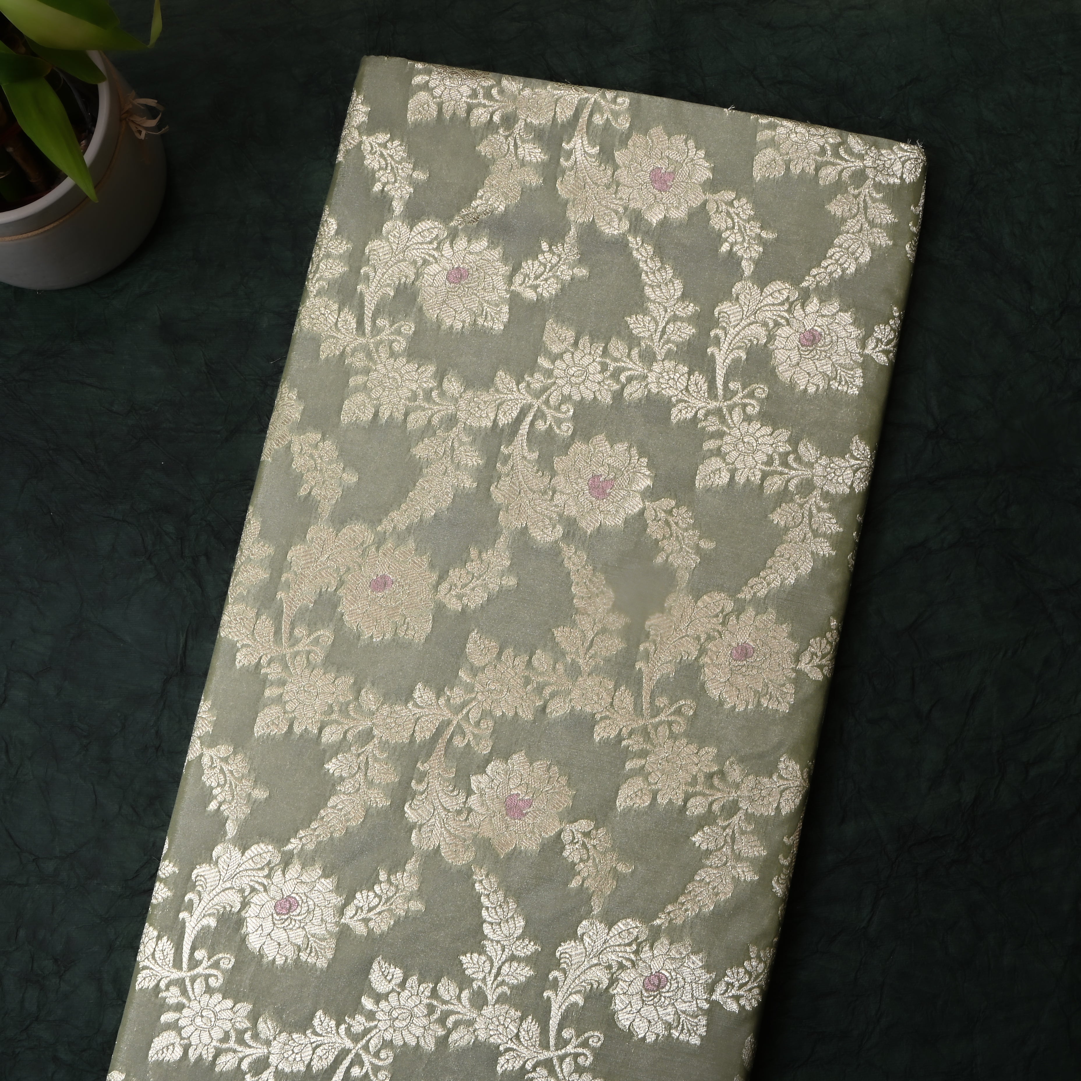 Muted Grey Floral Jamawar Silk Fabric