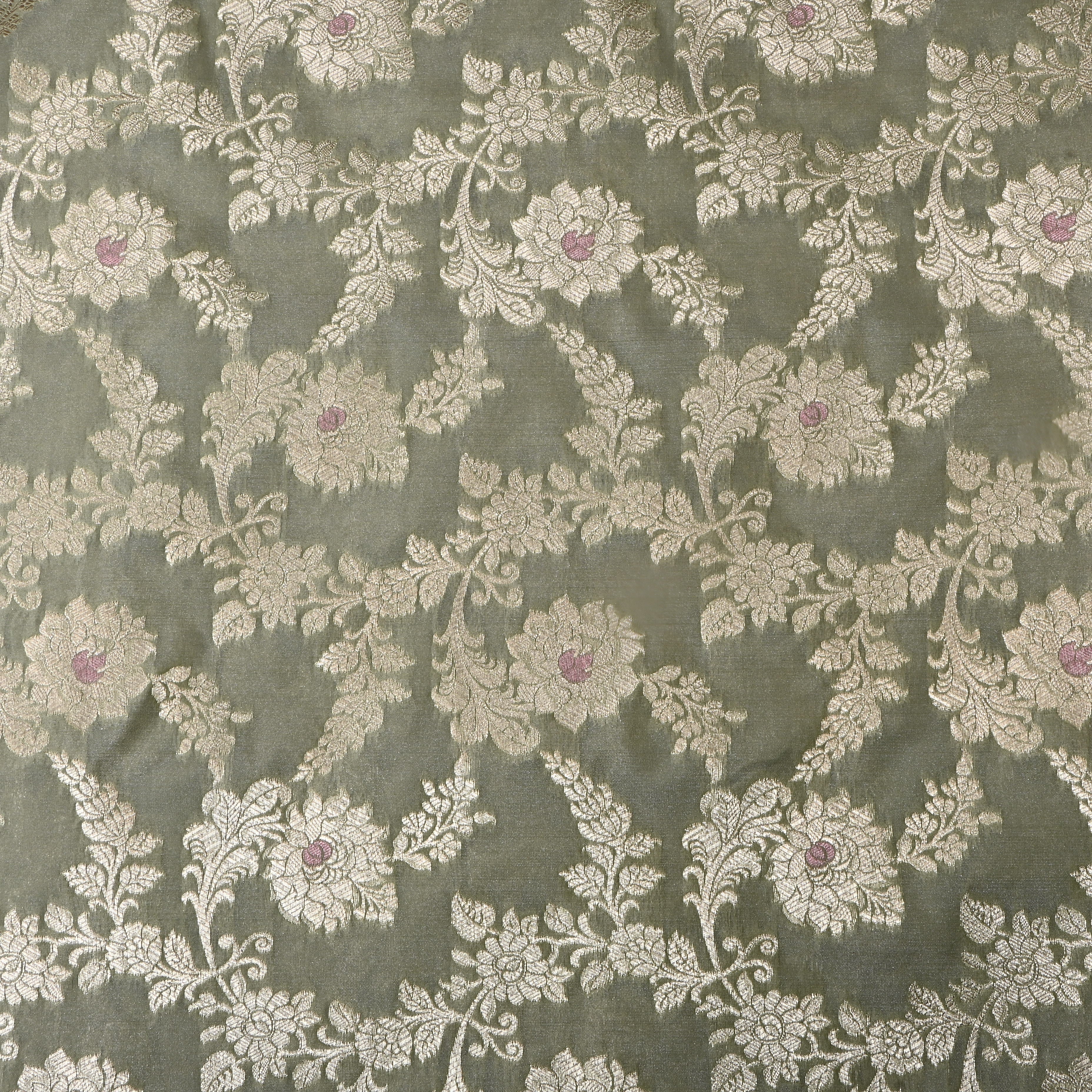 Muted Grey Floral Jamawar Silk Fabric
