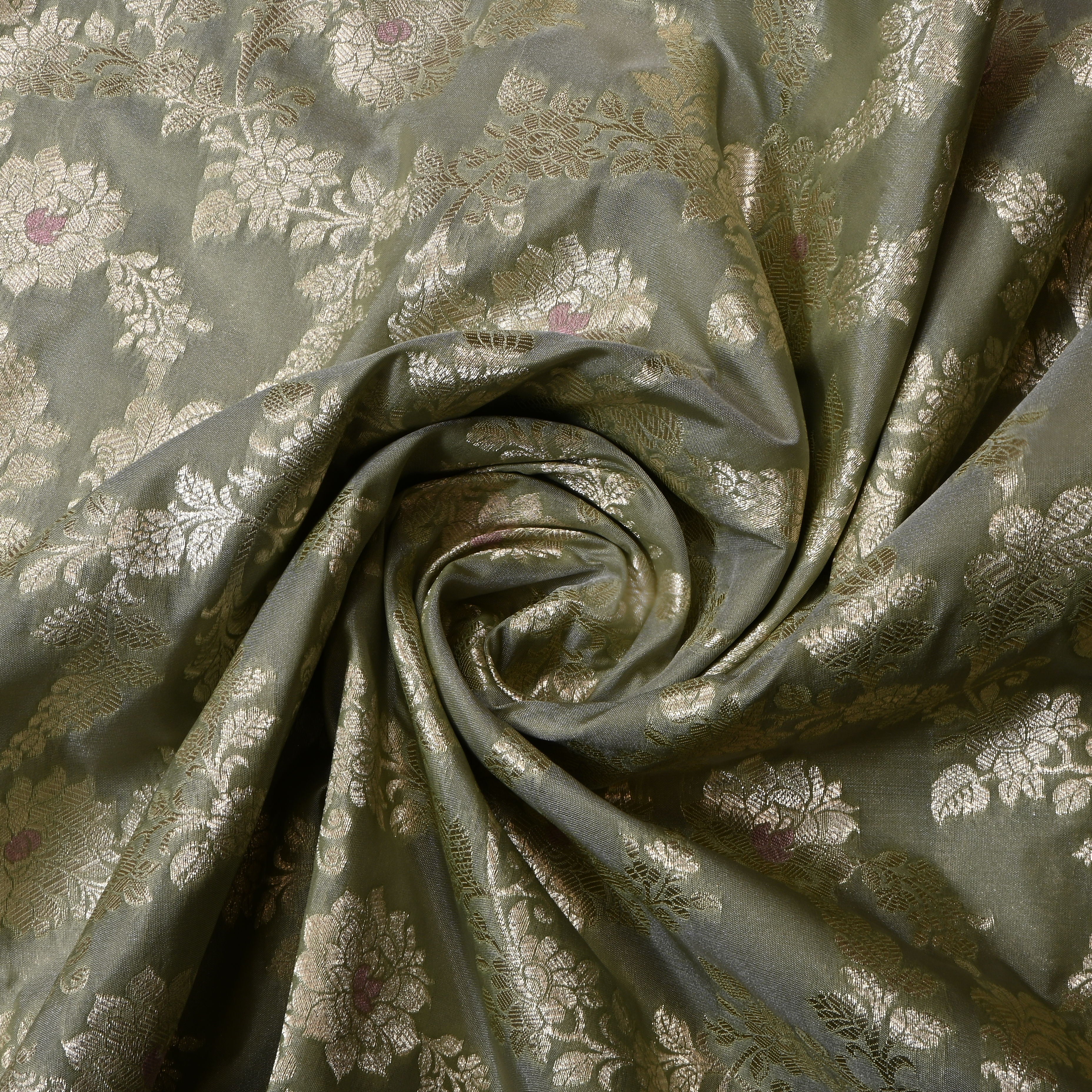 Muted Grey Floral Jamawar Silk Fabric