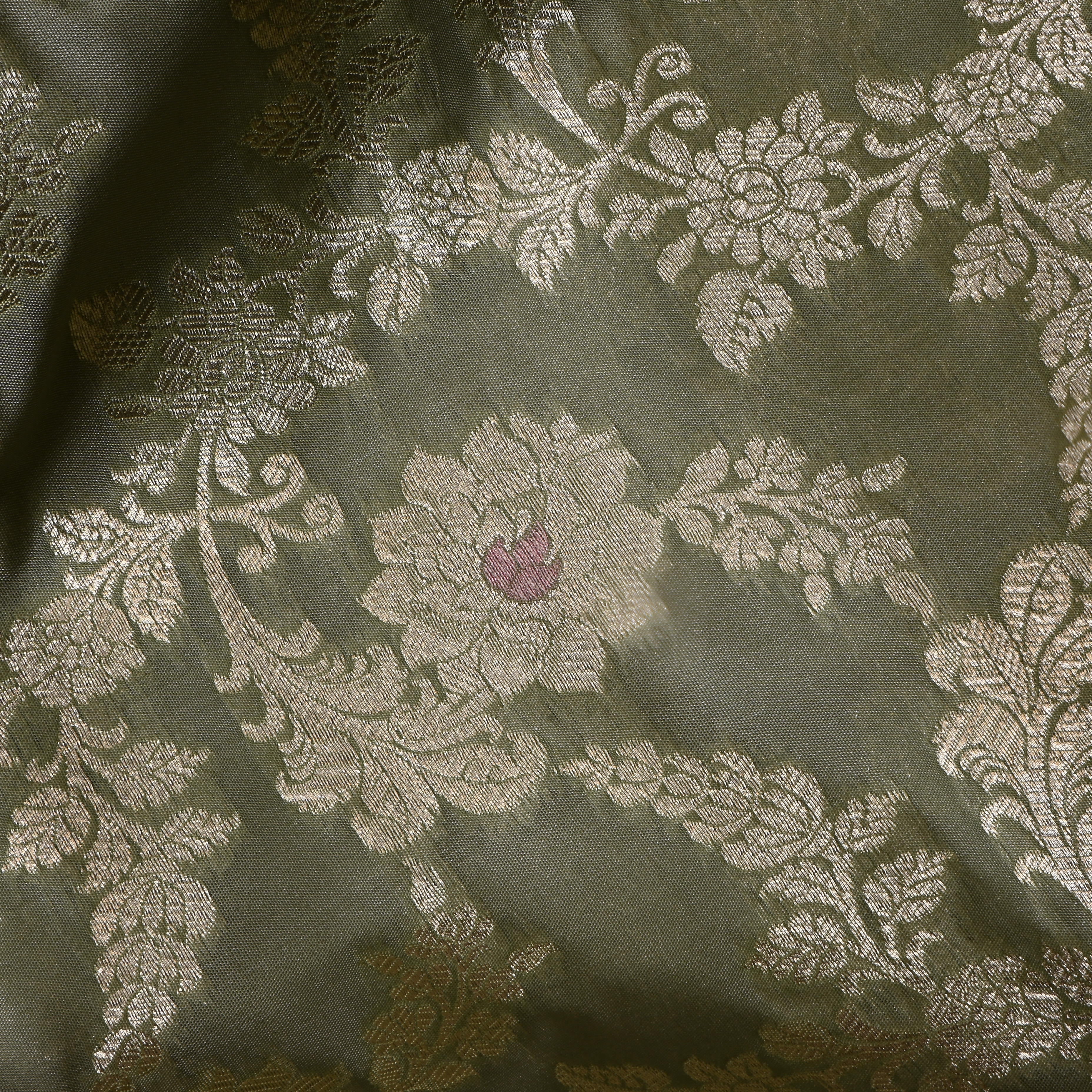 Muted Grey Floral Jamawar Silk Fabric