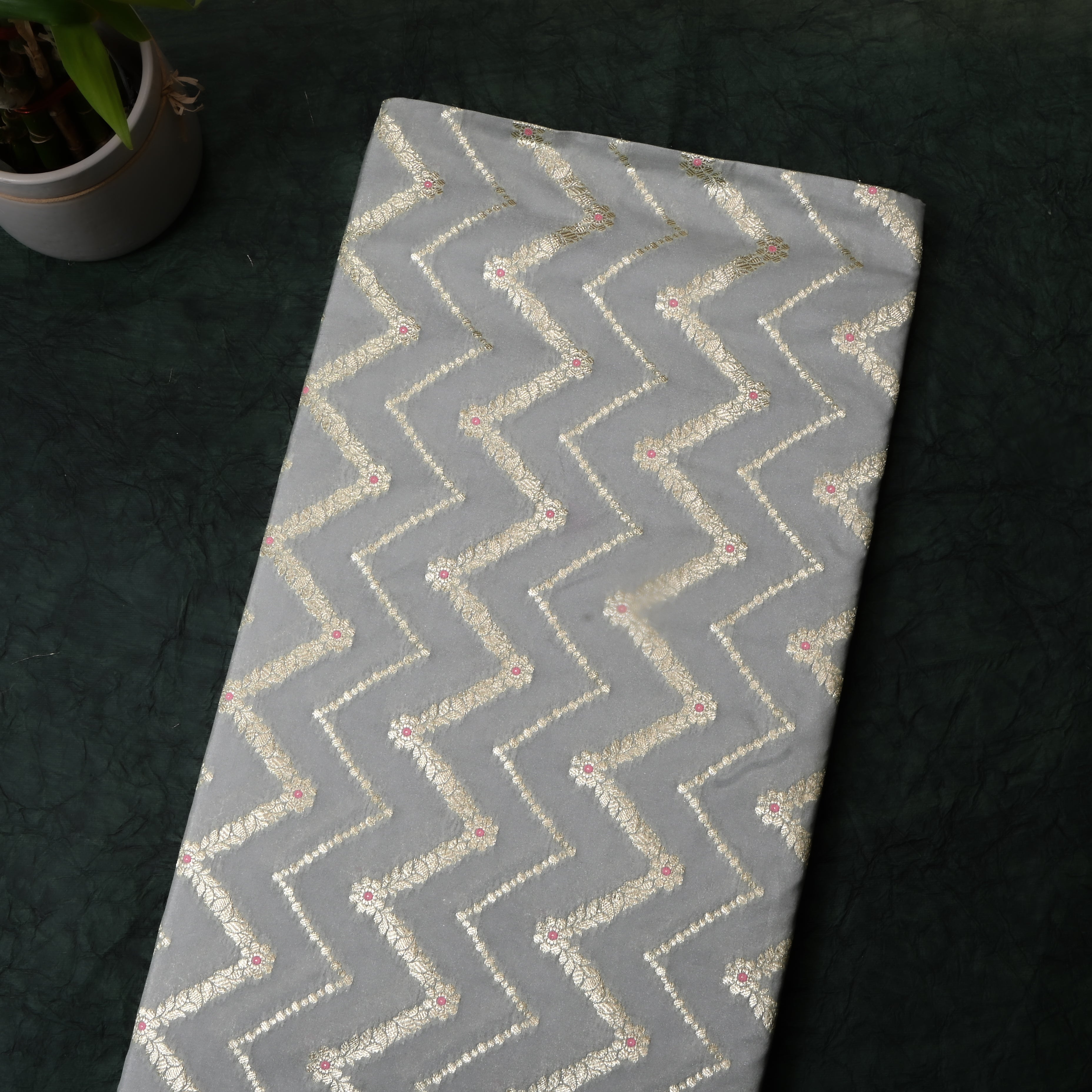 Ash Grey Jamawar Silk Fabric