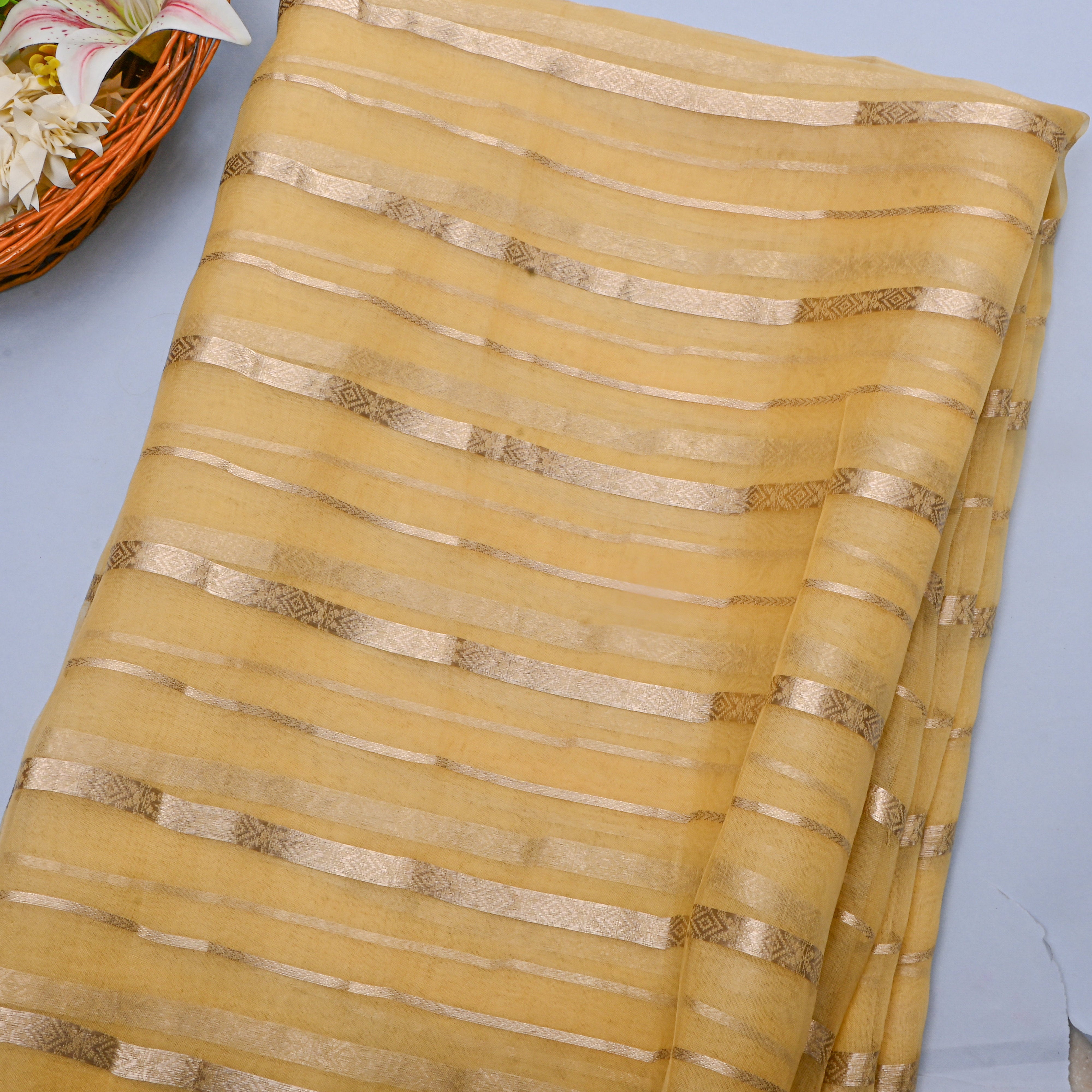 Gold Striped Zari Embroidered Organza
