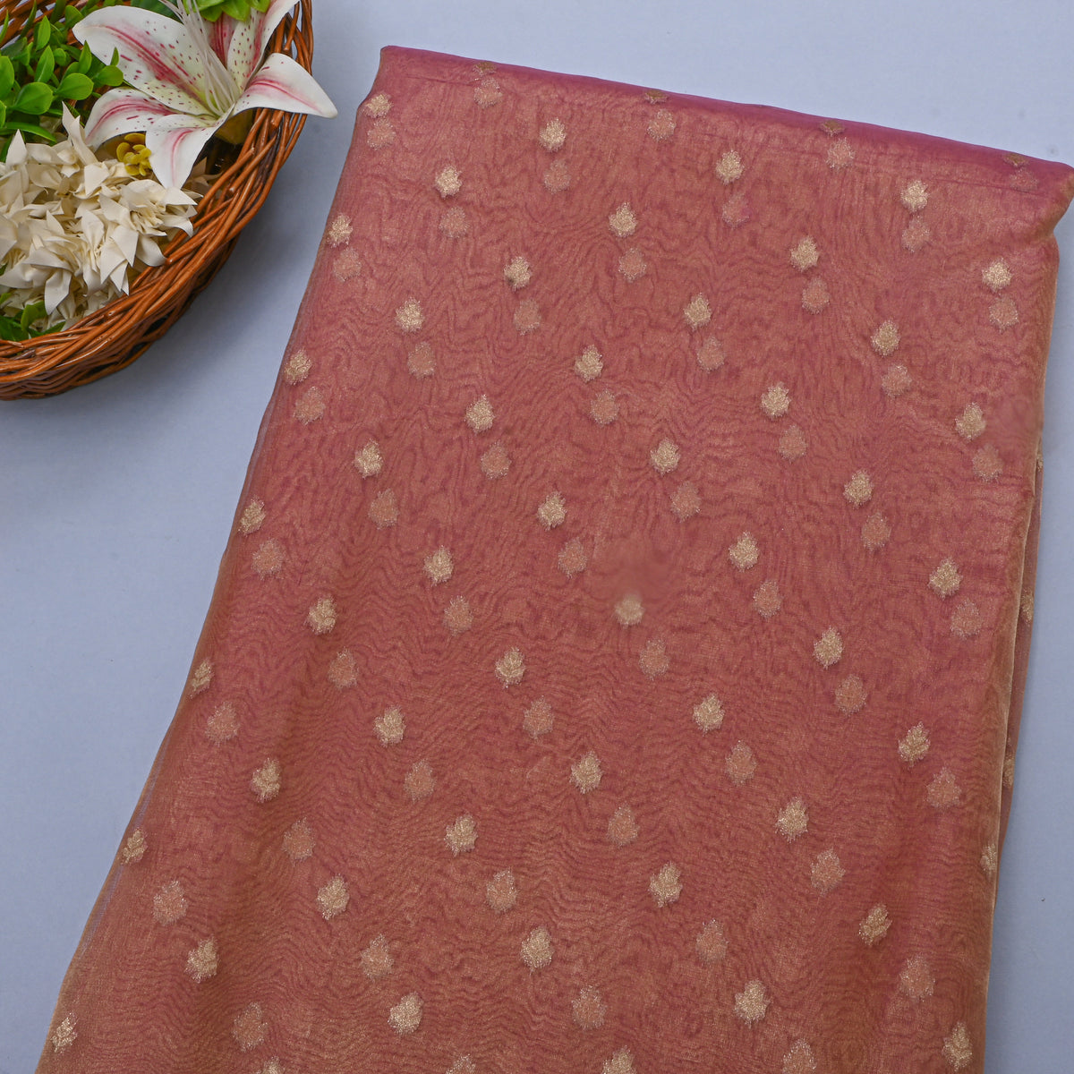 Rose Pink Gold Butti Self Weave Jamawar Tissue Fabric