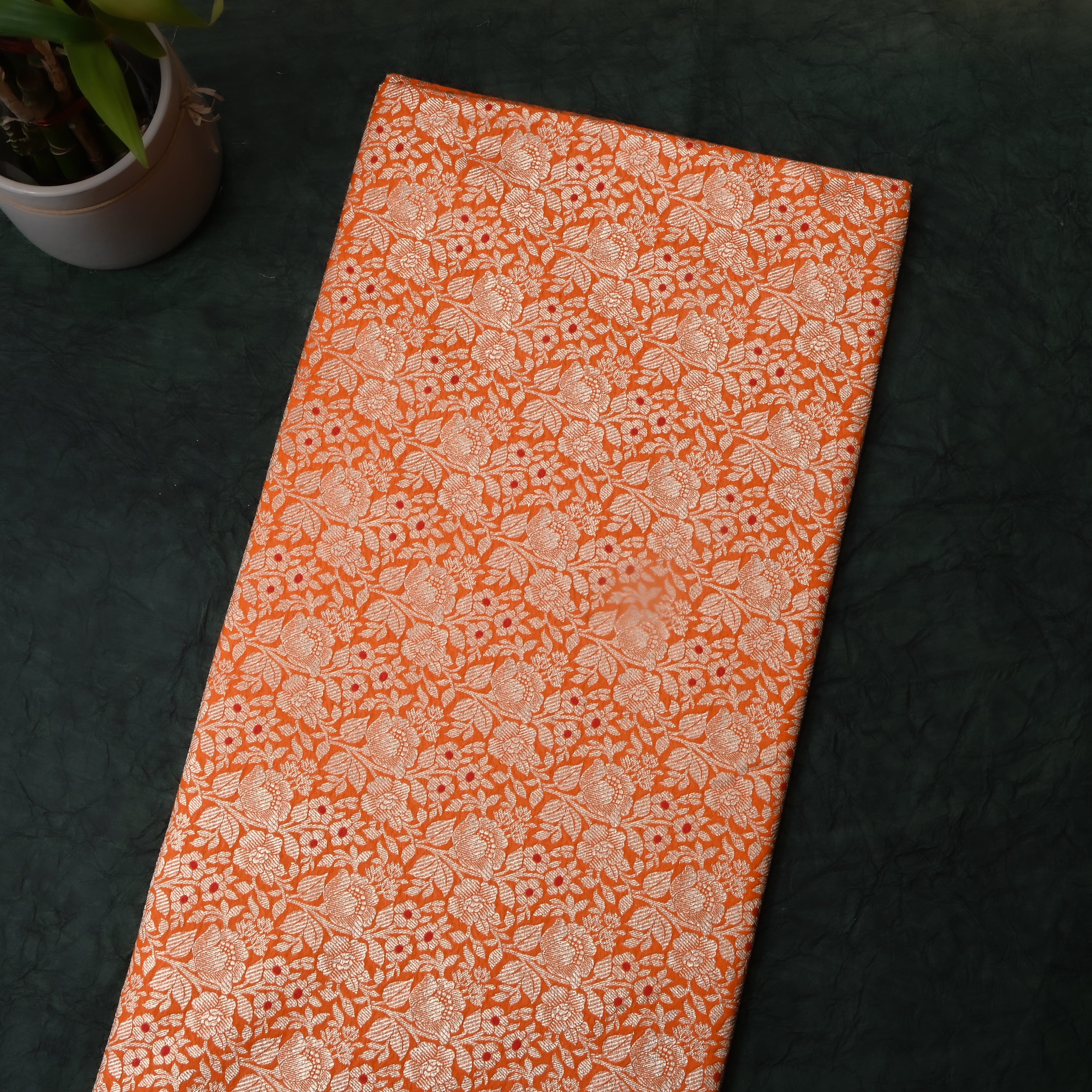 Bright Orange Floral Woven Jamawar Silk Fabric