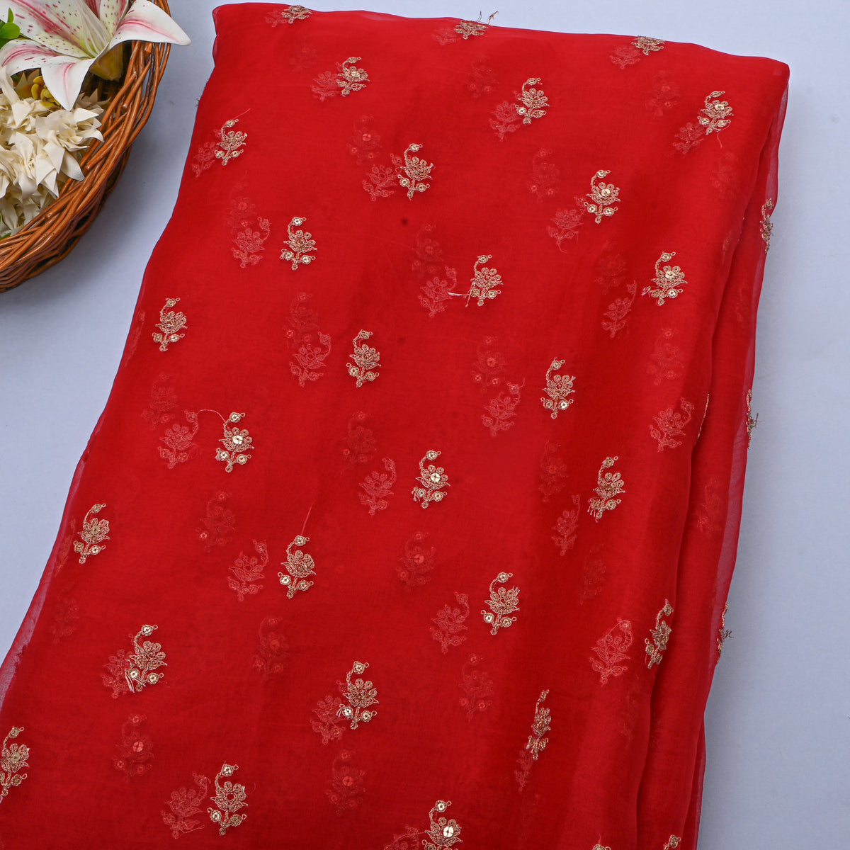 Red Gold Sequin Floral Butti Organza Fabric