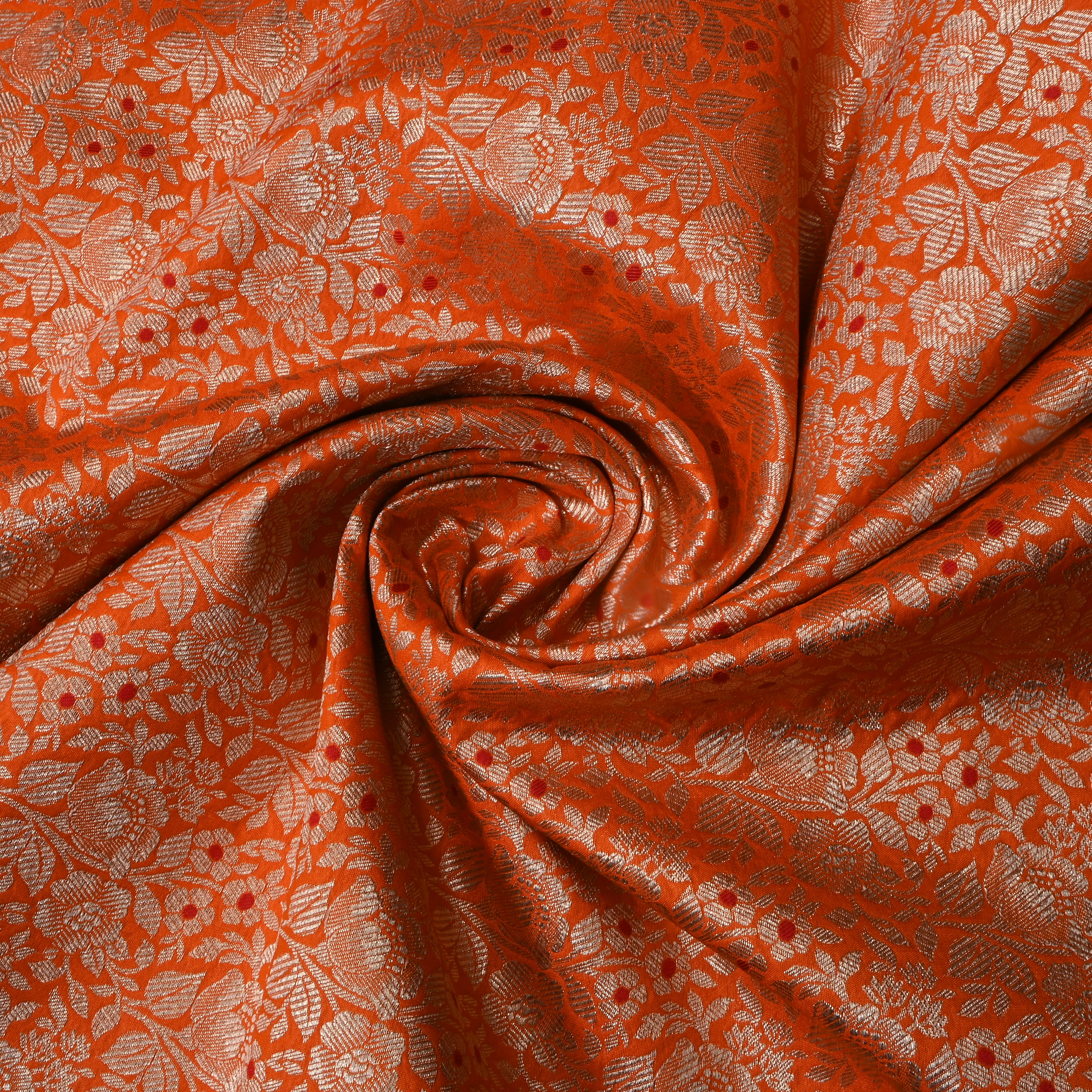 Bright Orange Floral Woven Jamawar Silk Fabric