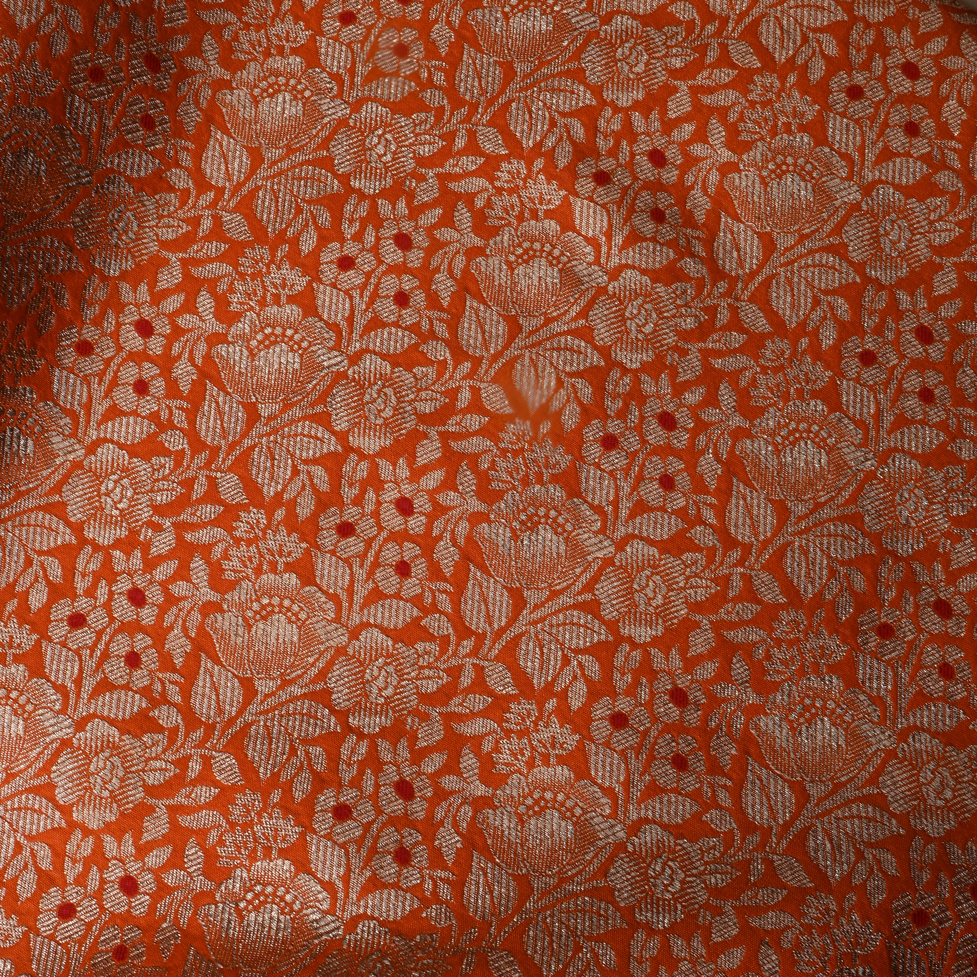 Bright Orange Floral Woven Jamawar Silk Fabric