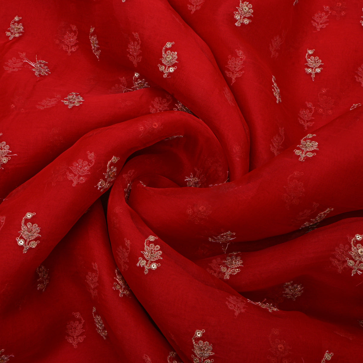 Red Gold Sequin Floral Butti Organza Fabric
