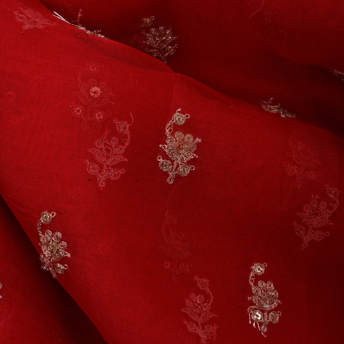 Red Gold Sequin Floral Butti Organza Fabric