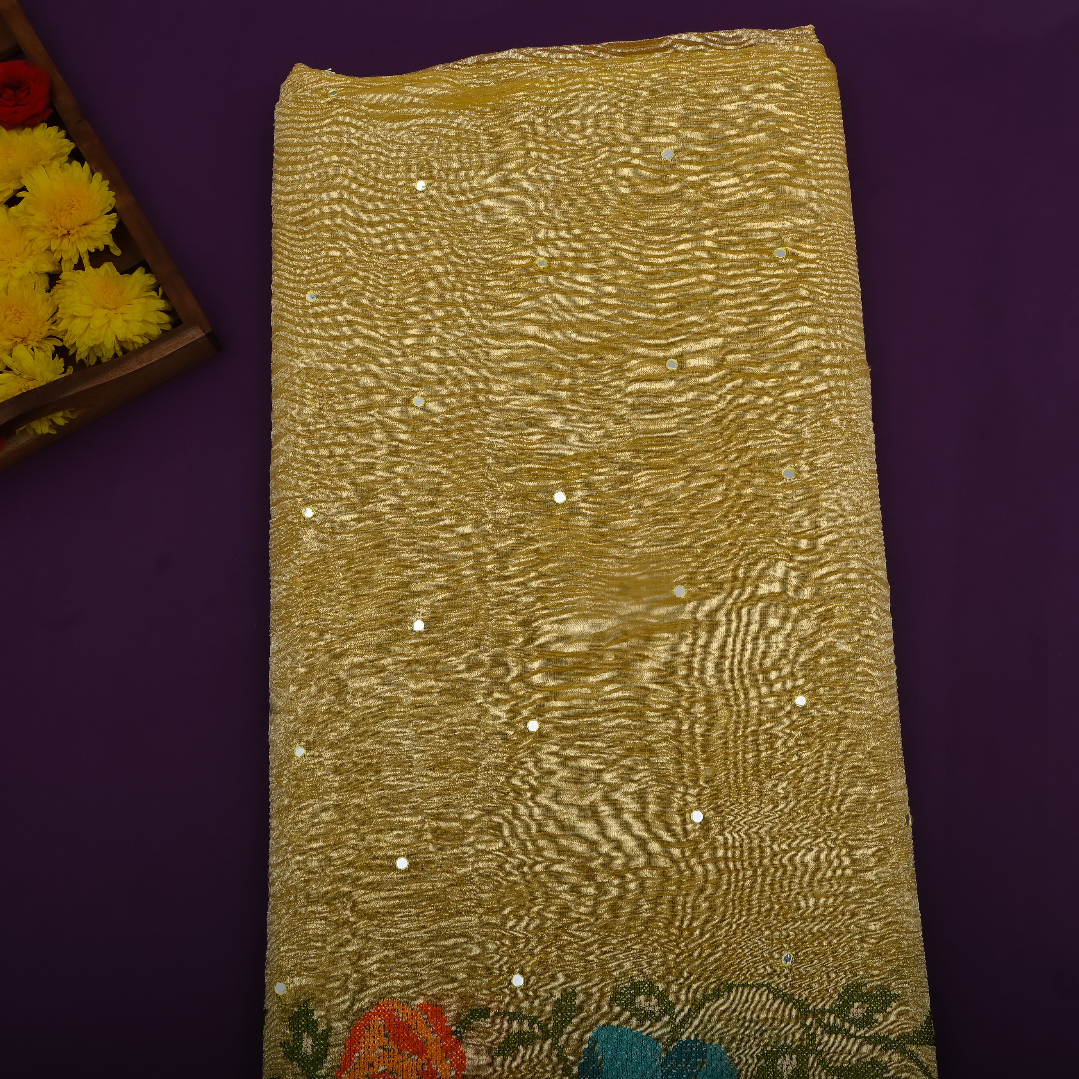 Mustard Gold Multicolour Floral Cutwork Weave Tissue Fabric