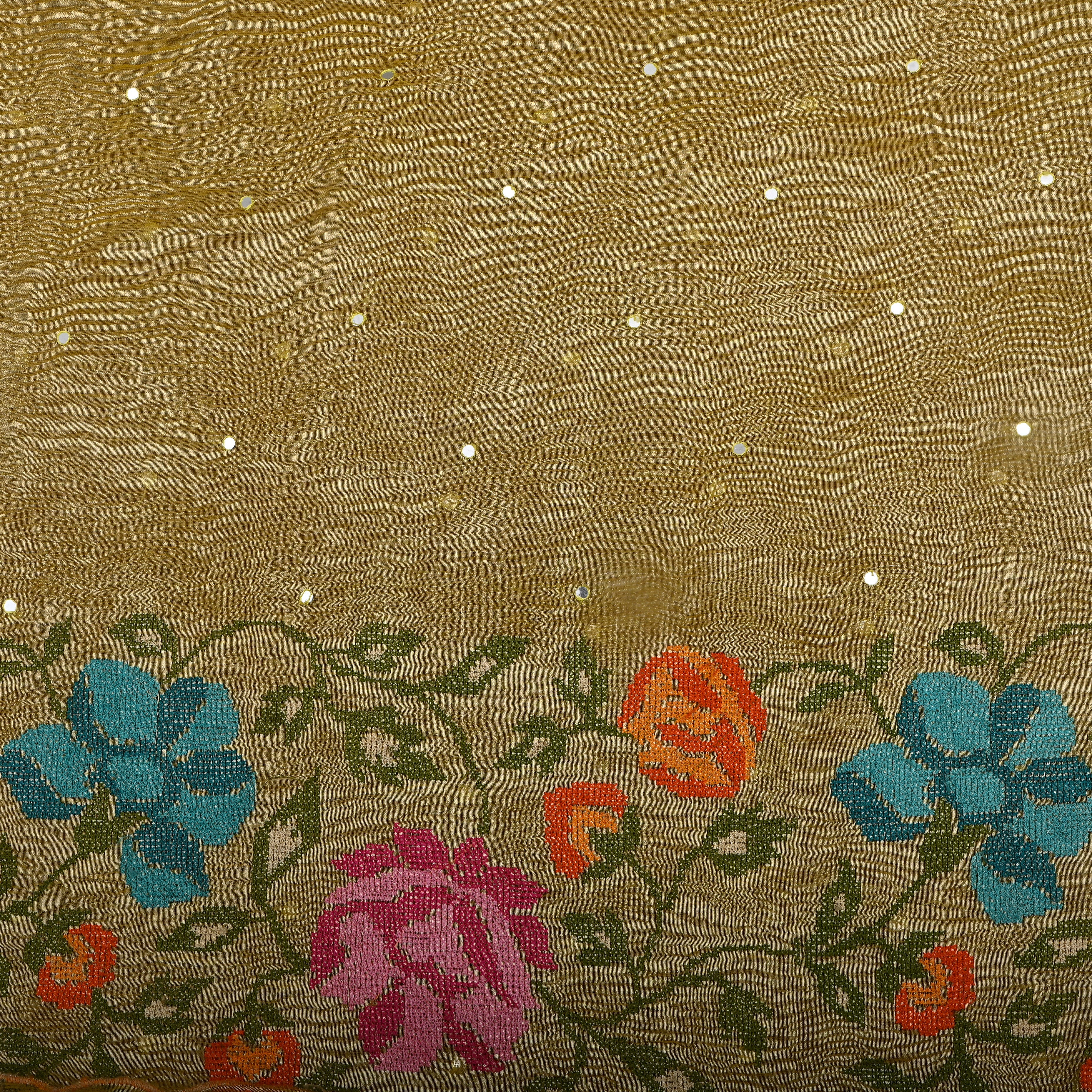 Mustard Gold Multicolour Floral Cutwork Weave Tissue Fabric