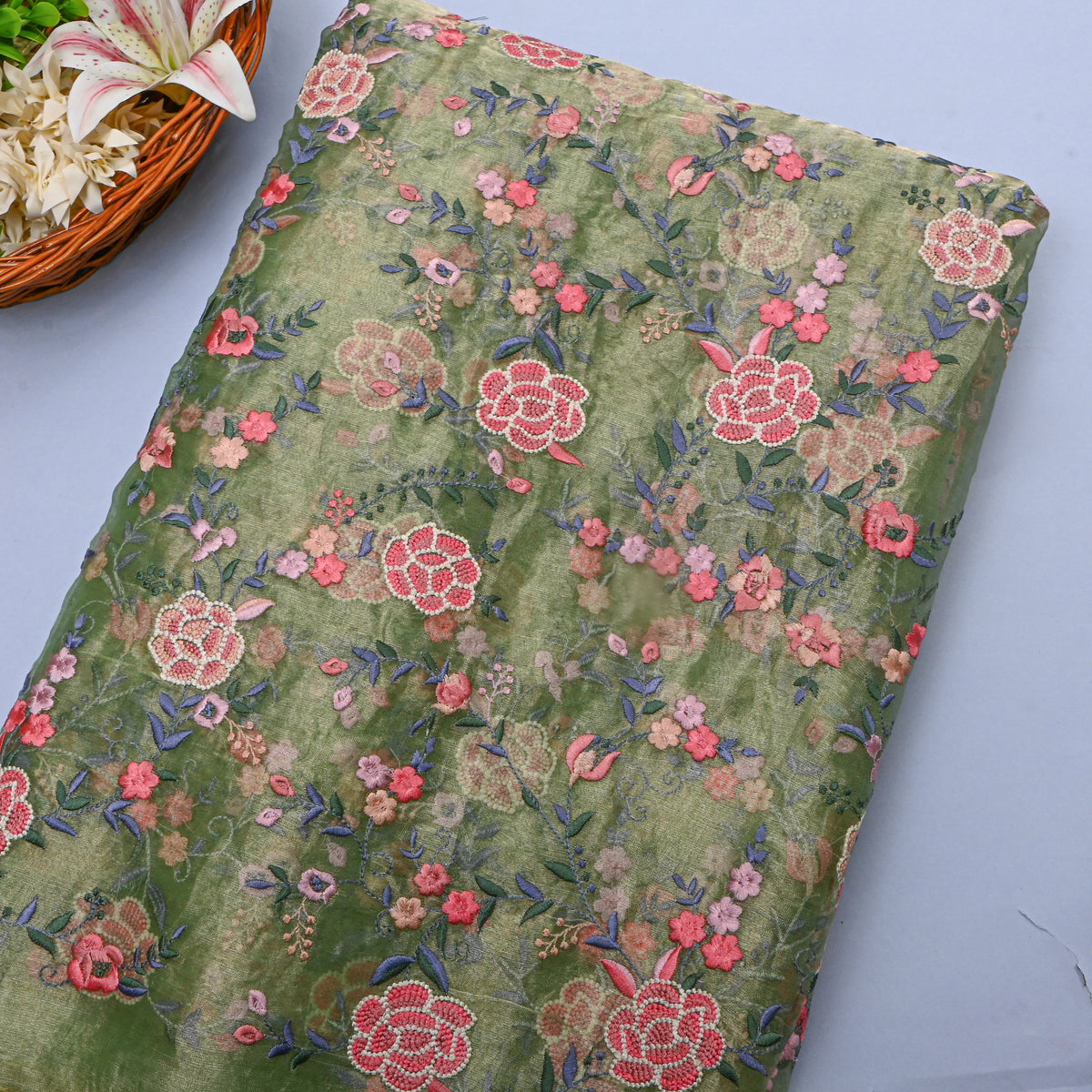 Bright Green Tissue Fabric With Gold Floral Jaal