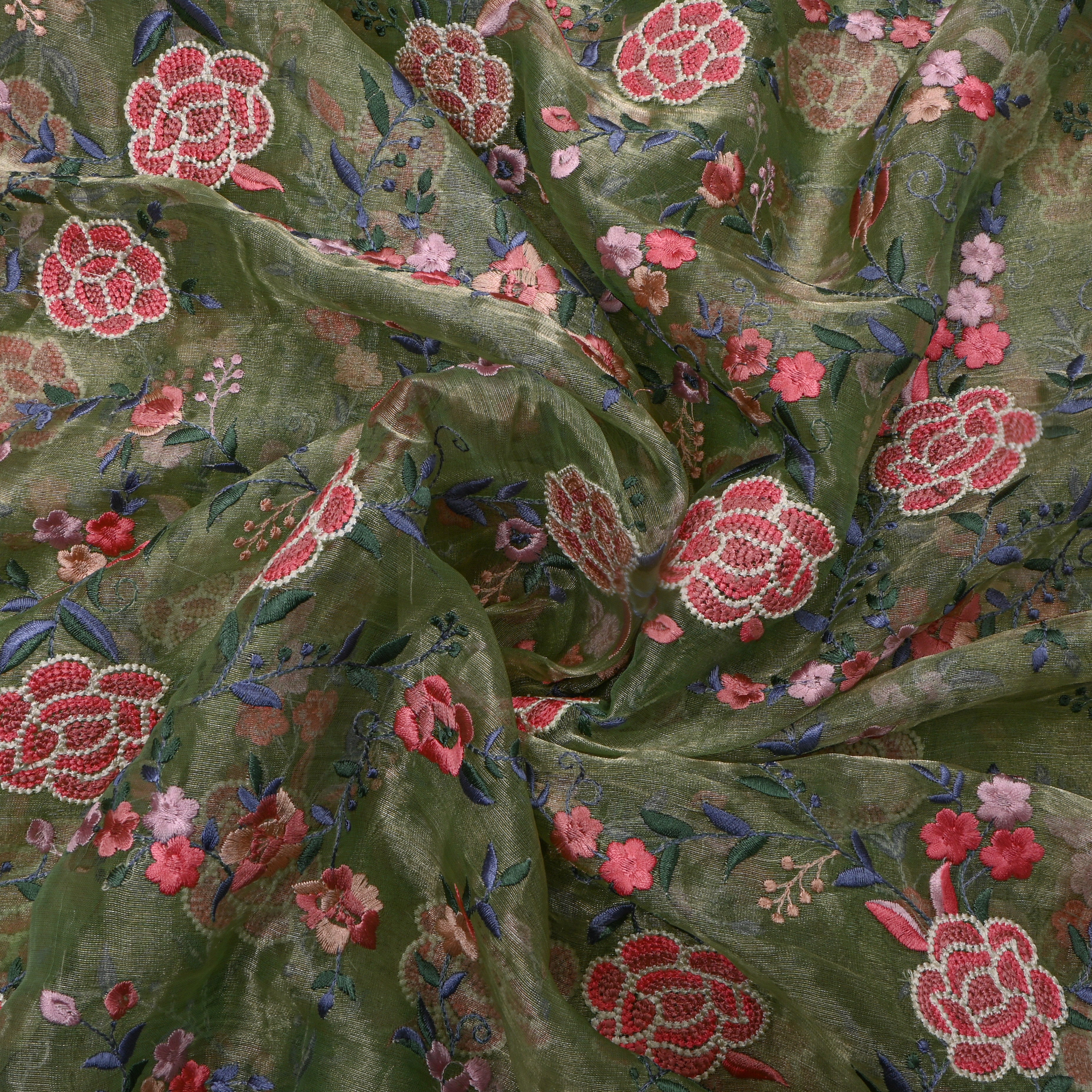 Bright Green Tissue Fabric With Gold Floral Jaal