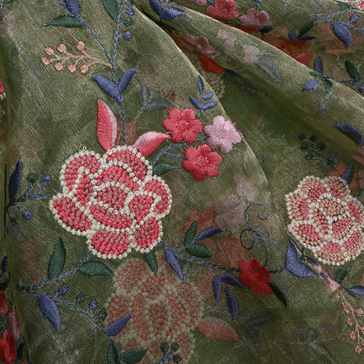 Bright Green Tissue Fabric With Gold Floral Jaal
