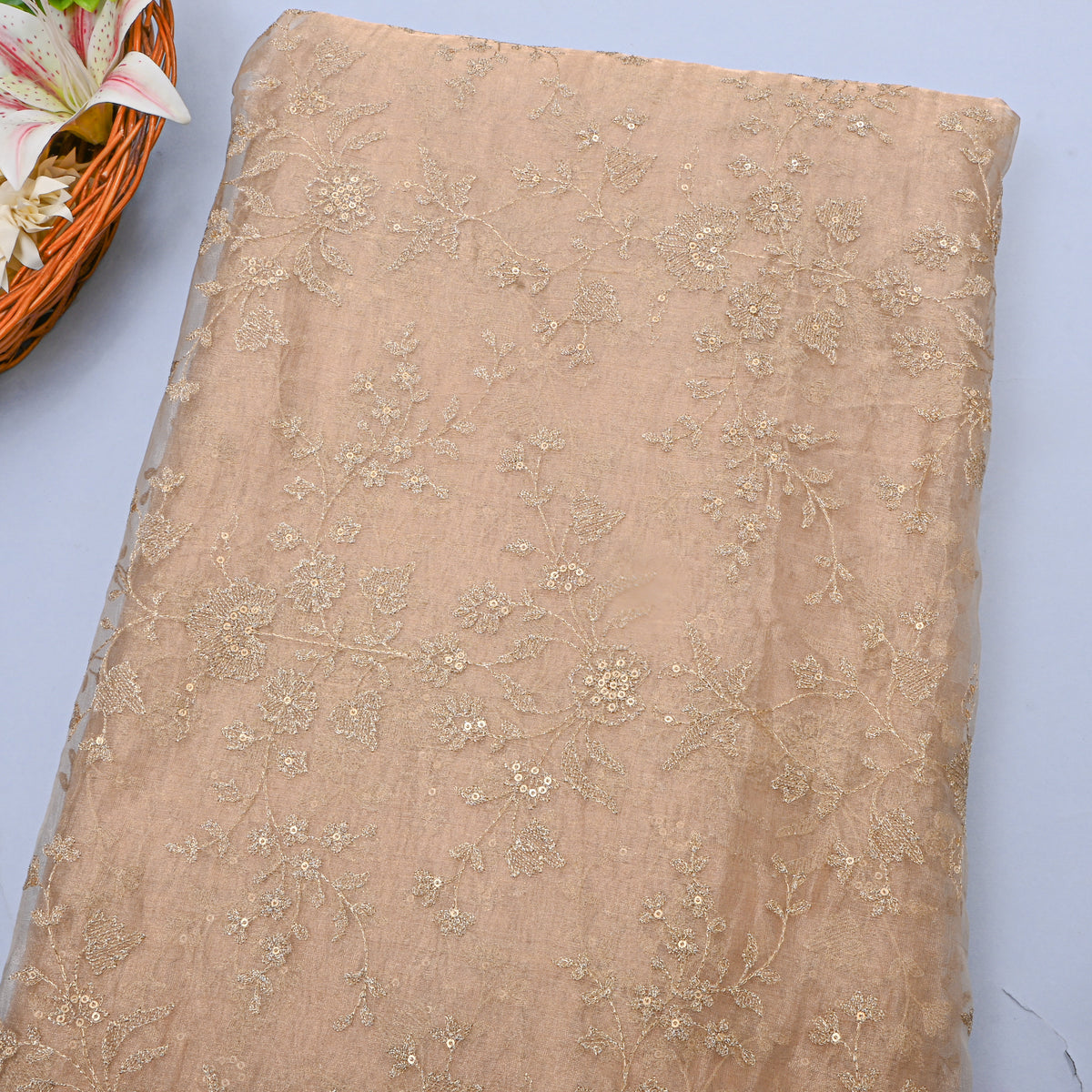 Oat Beige Gold Zari Jaal Tissue Fabric