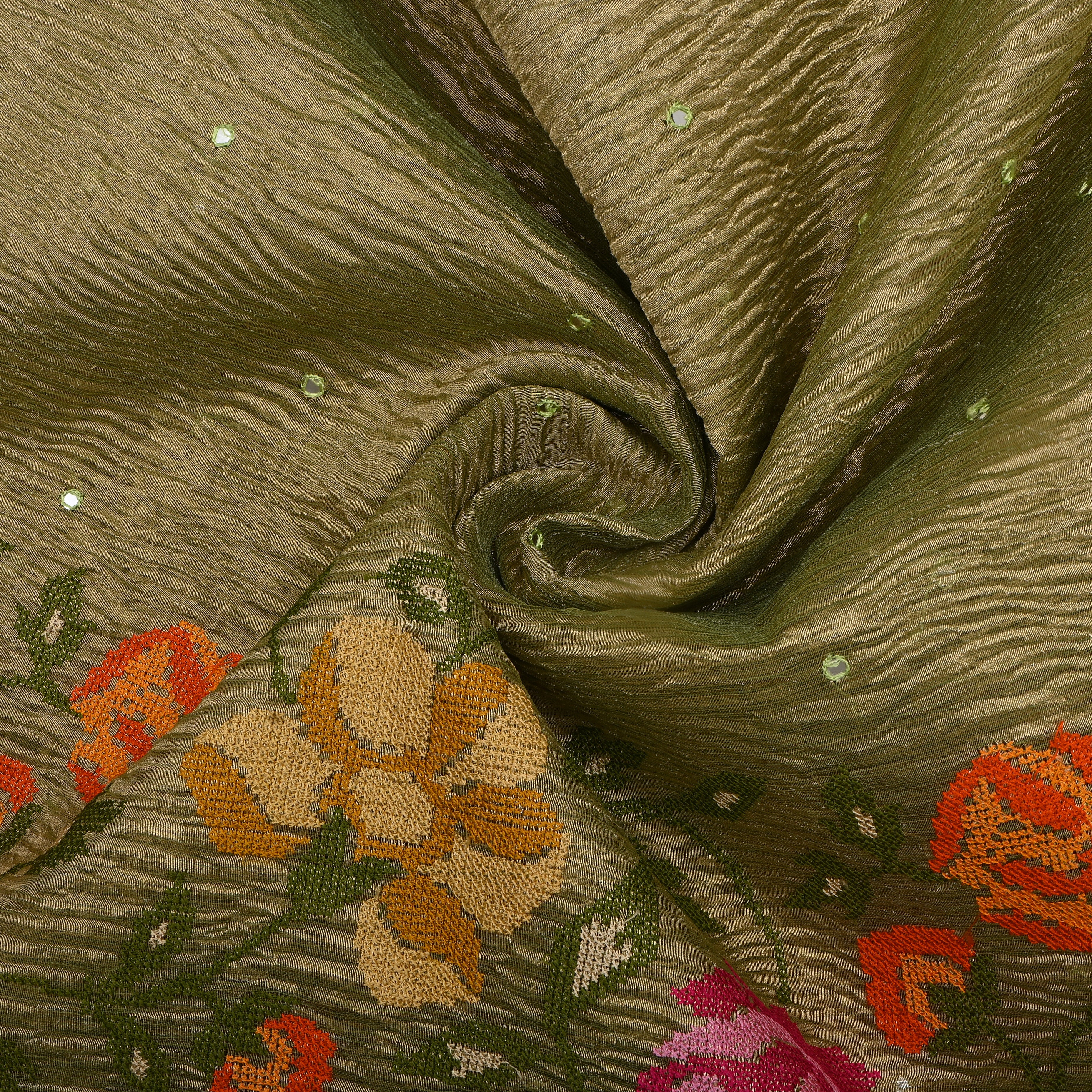Olive Gold Self-Tone Floral Mirror Work Tissue Fabric