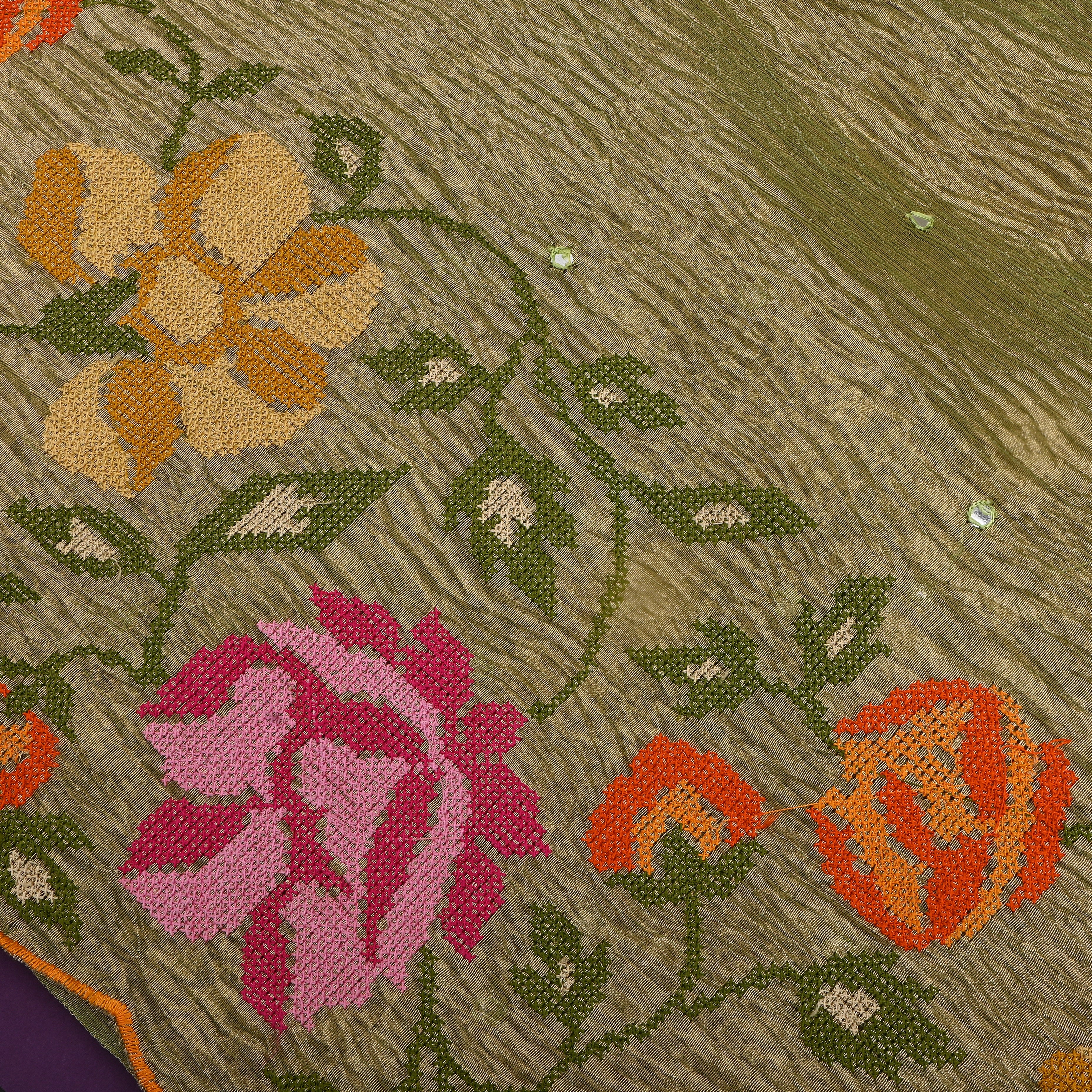 Olive Gold Self-Tone Floral Mirror Work Tissue Fabric