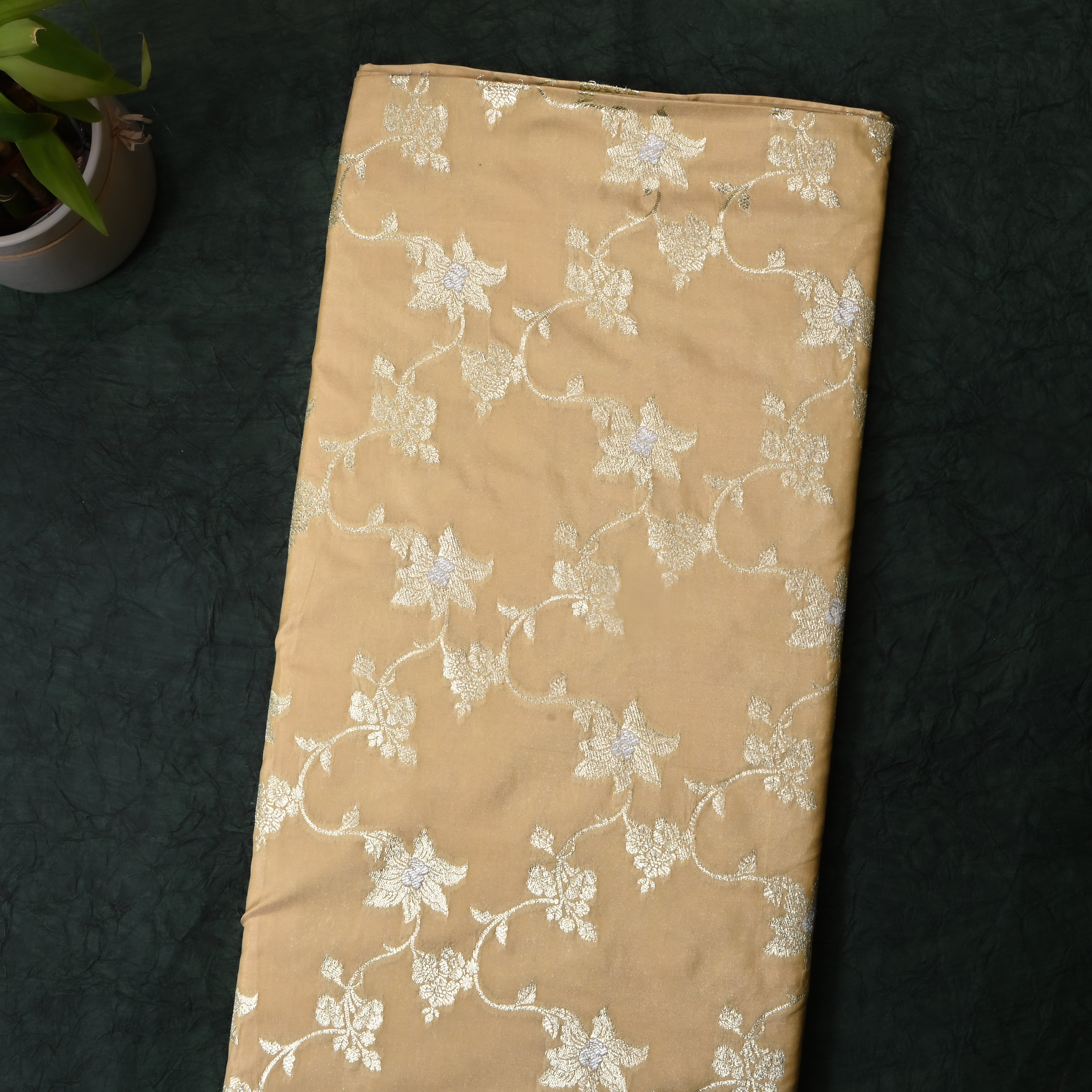 Tan Beige Floral Jamawar Silk Fabric