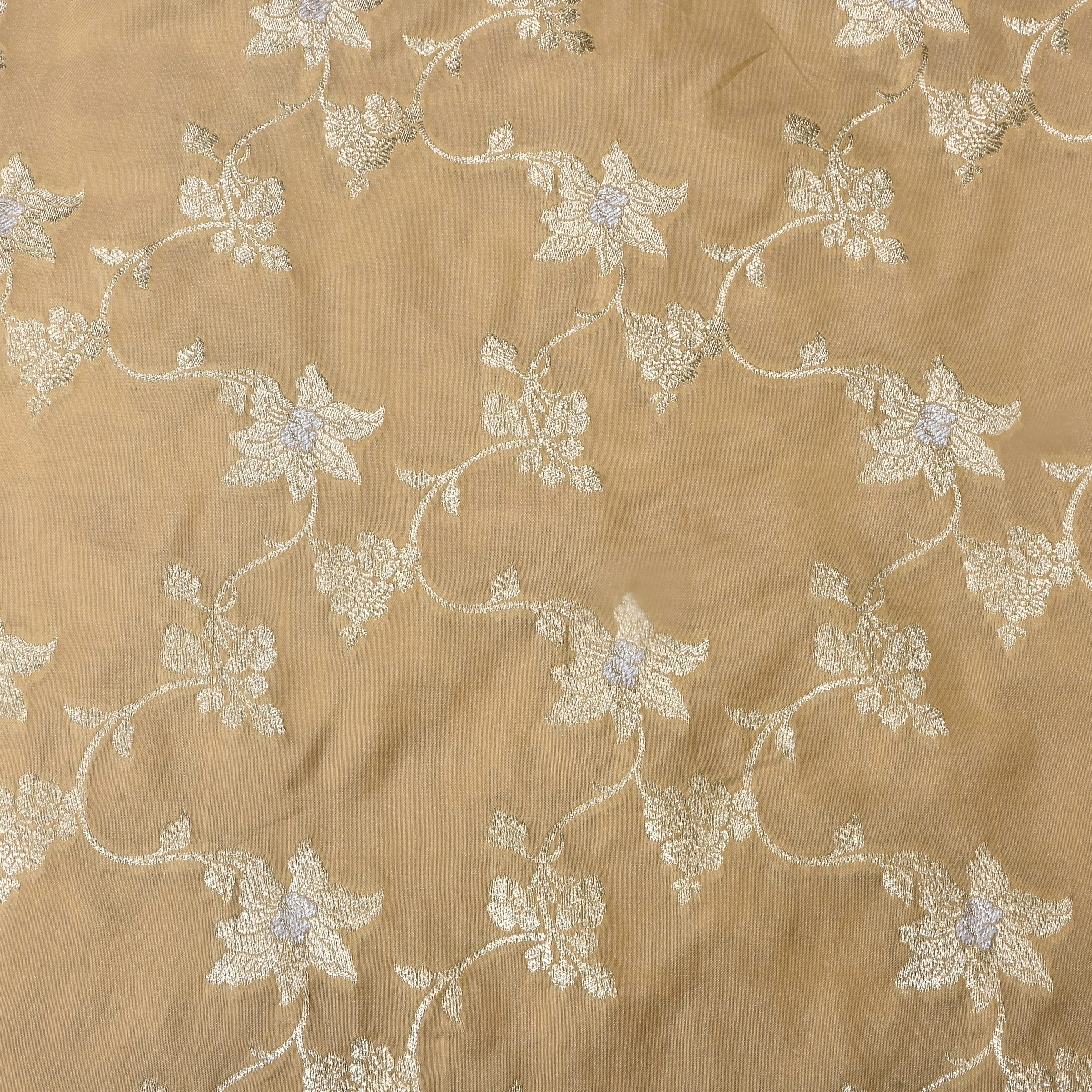 Tan Beige Floral Jamawar Silk Fabric