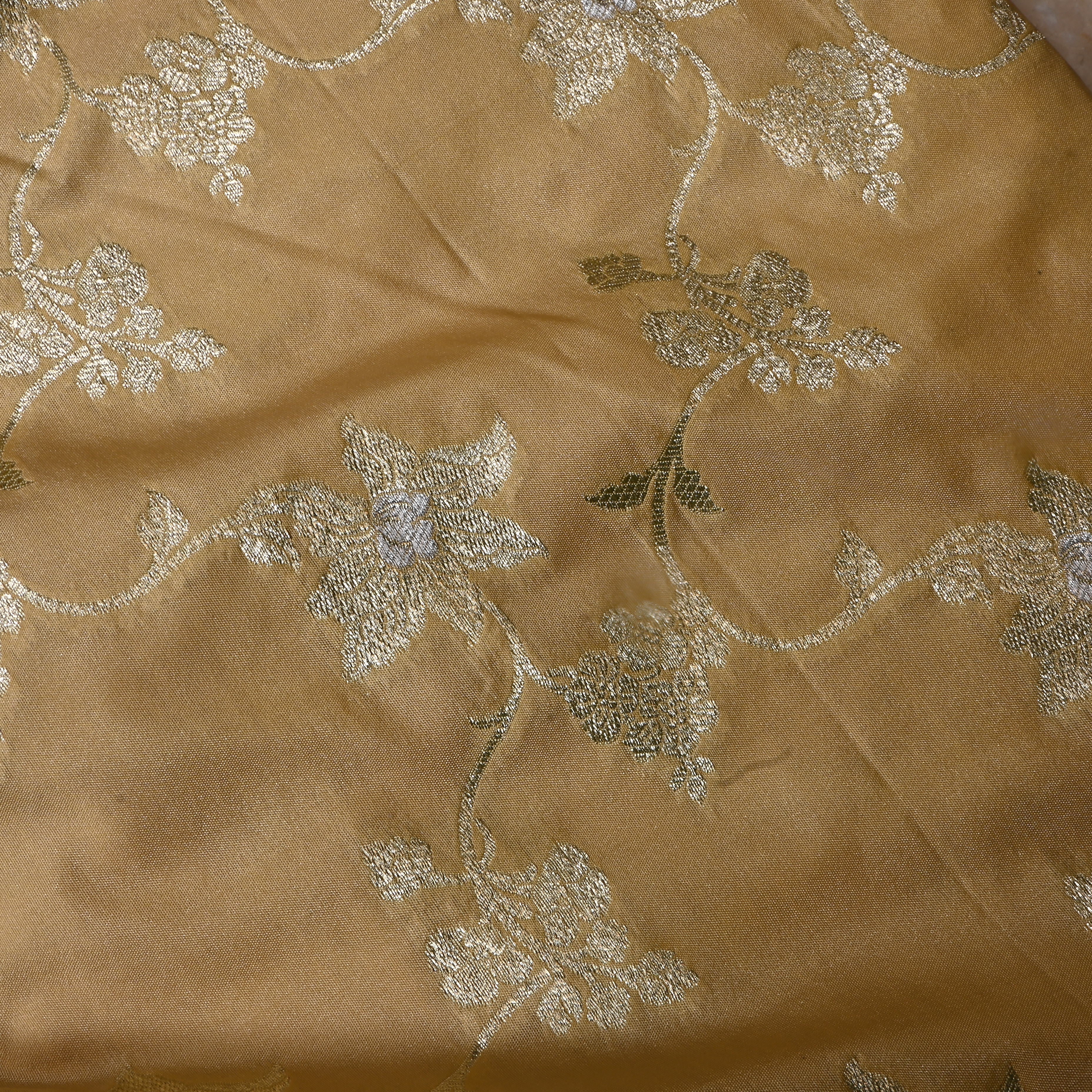 Tan Beige Floral Jamawar Silk Fabric
