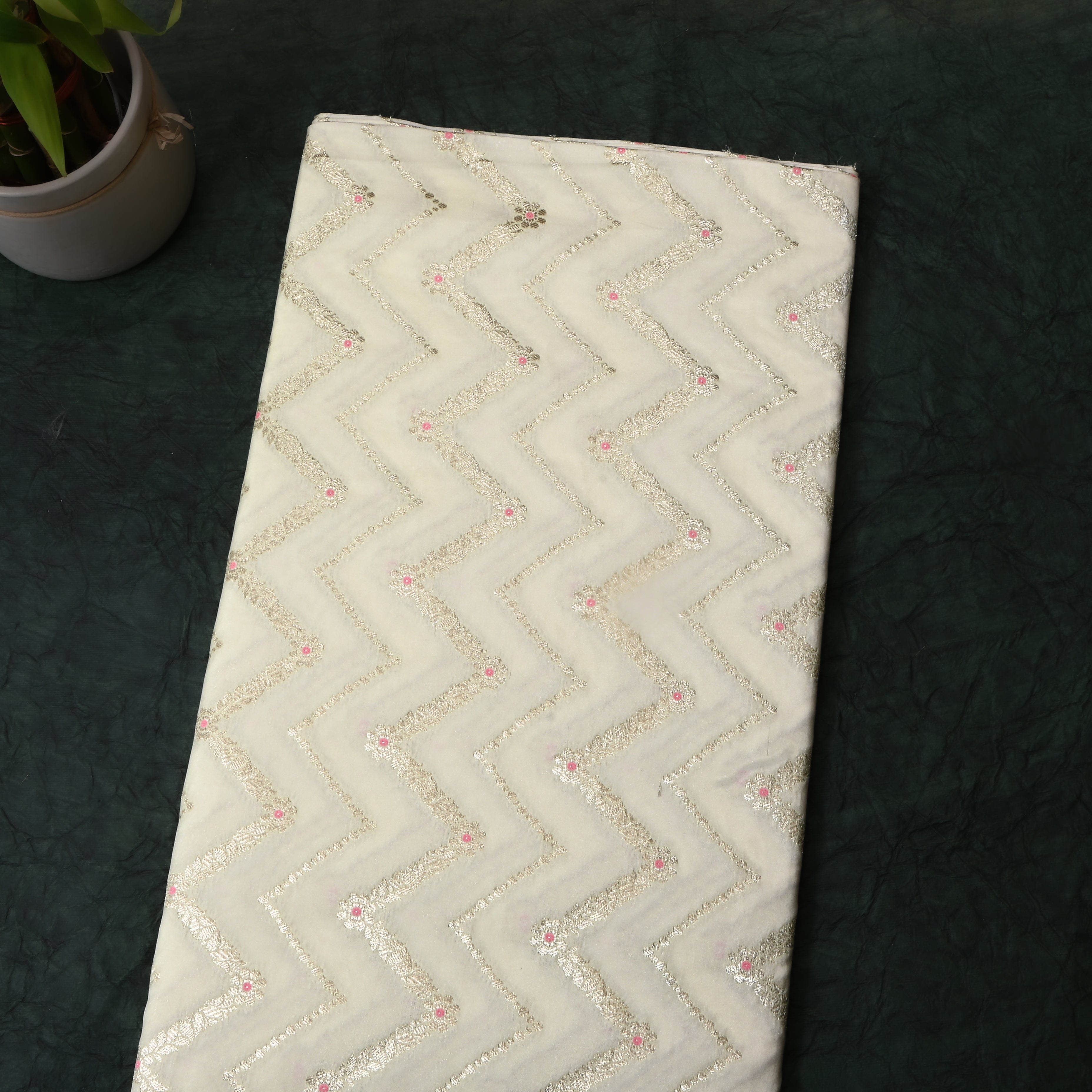 Soft White Jamawar Silk Fabric