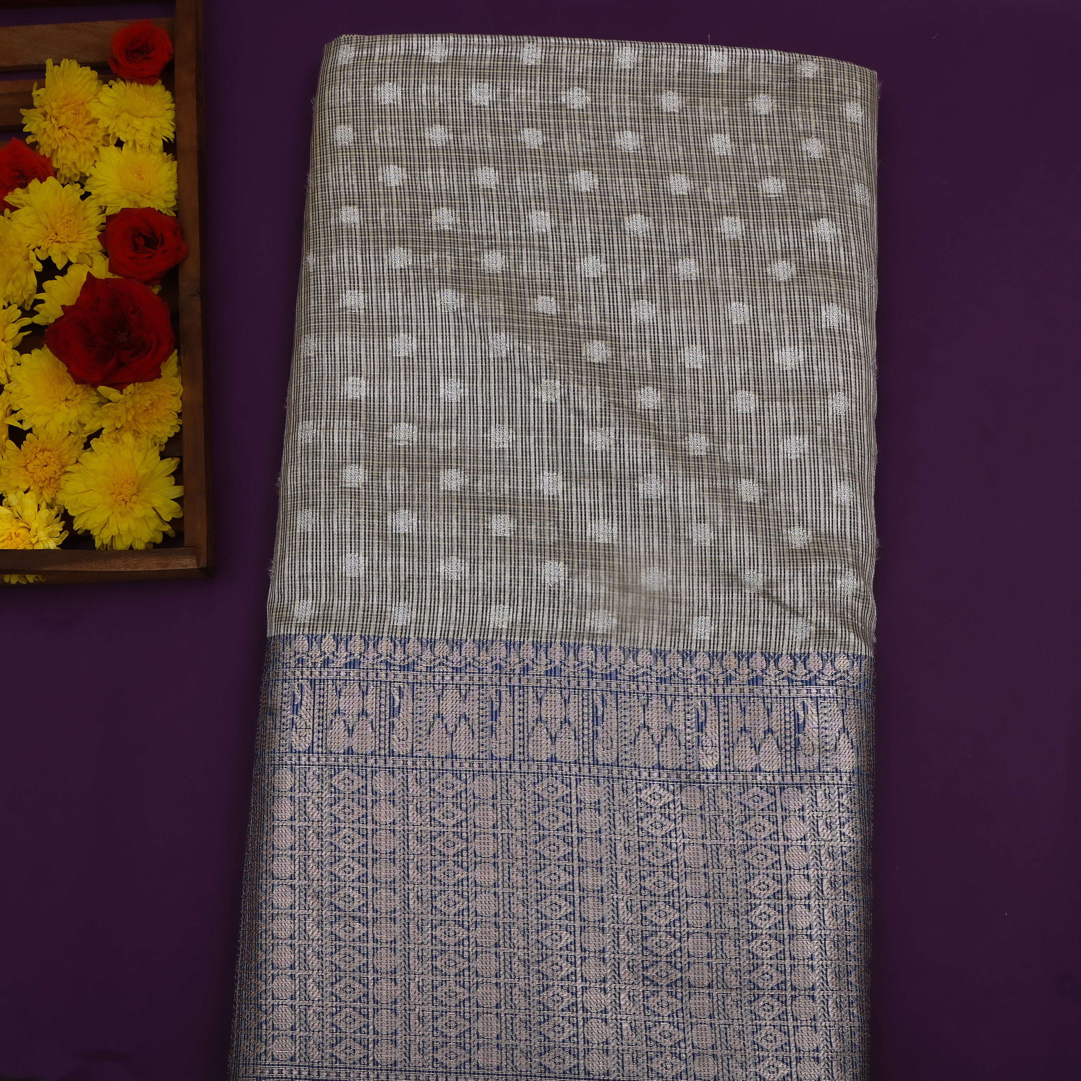 Charcoal Ivory Polka Ikat Jamawar Fabric