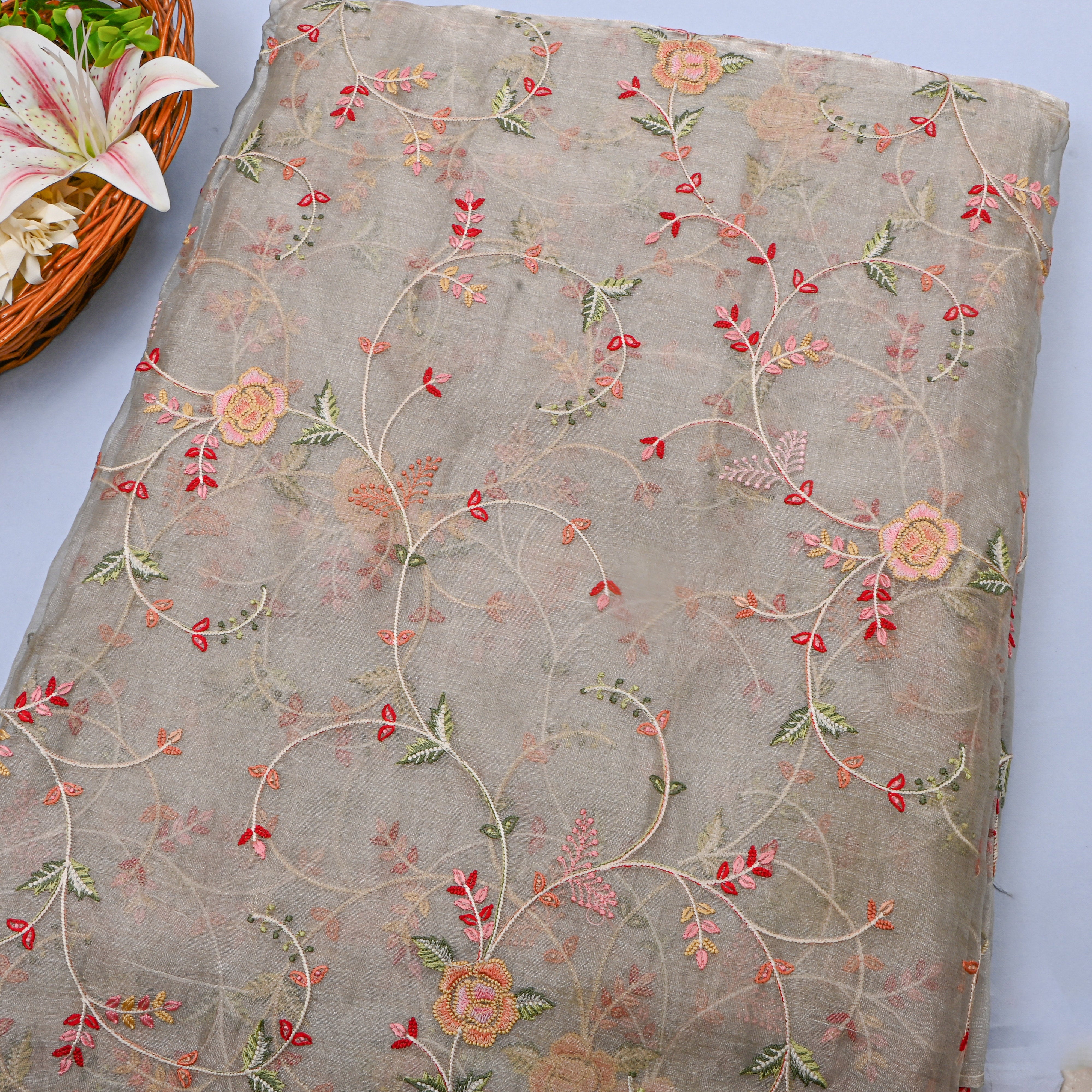 Dark Grey Tissue Fabric With Floral Jaal Thread Work