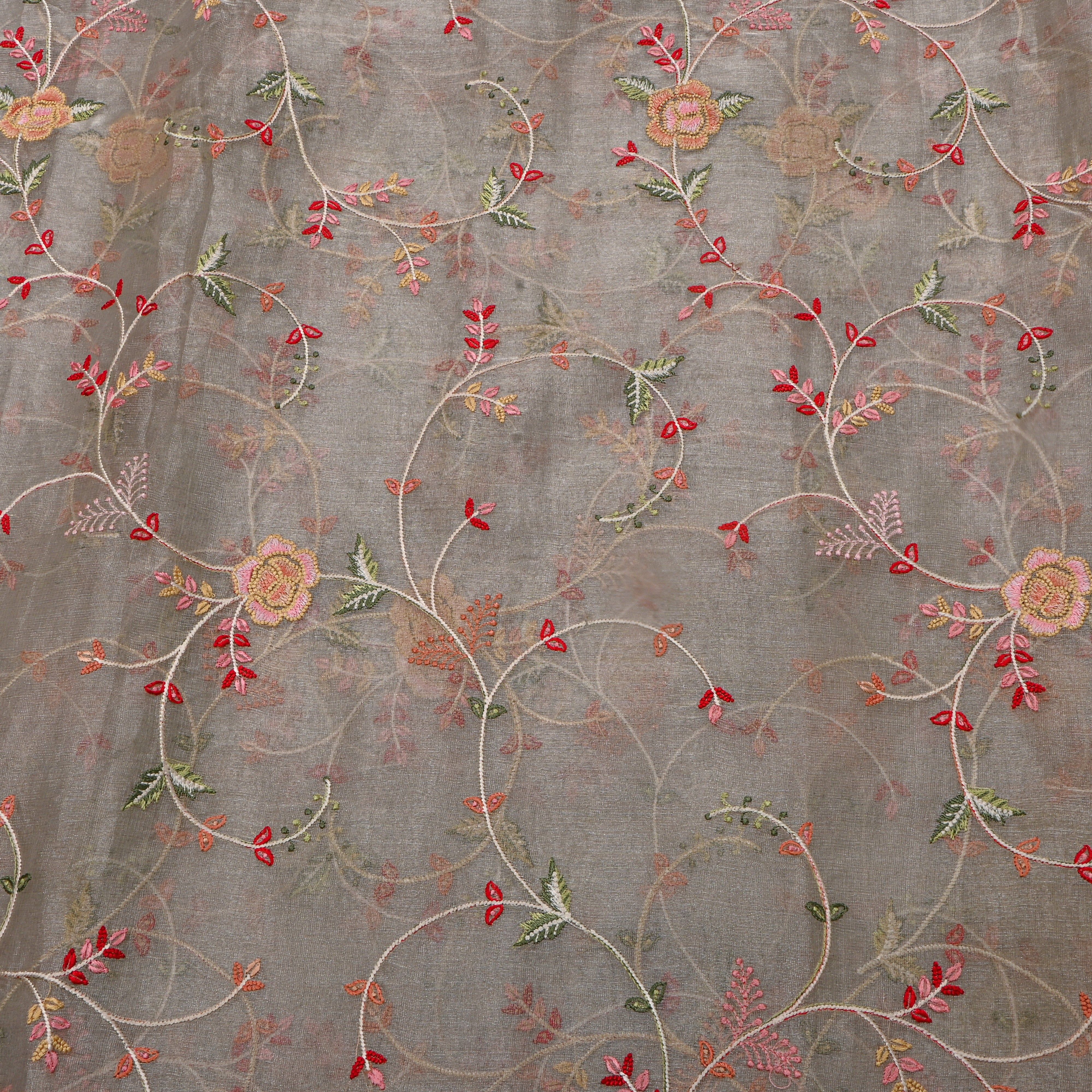 Dark Grey Tissue Fabric With Floral Jaal Thread Work