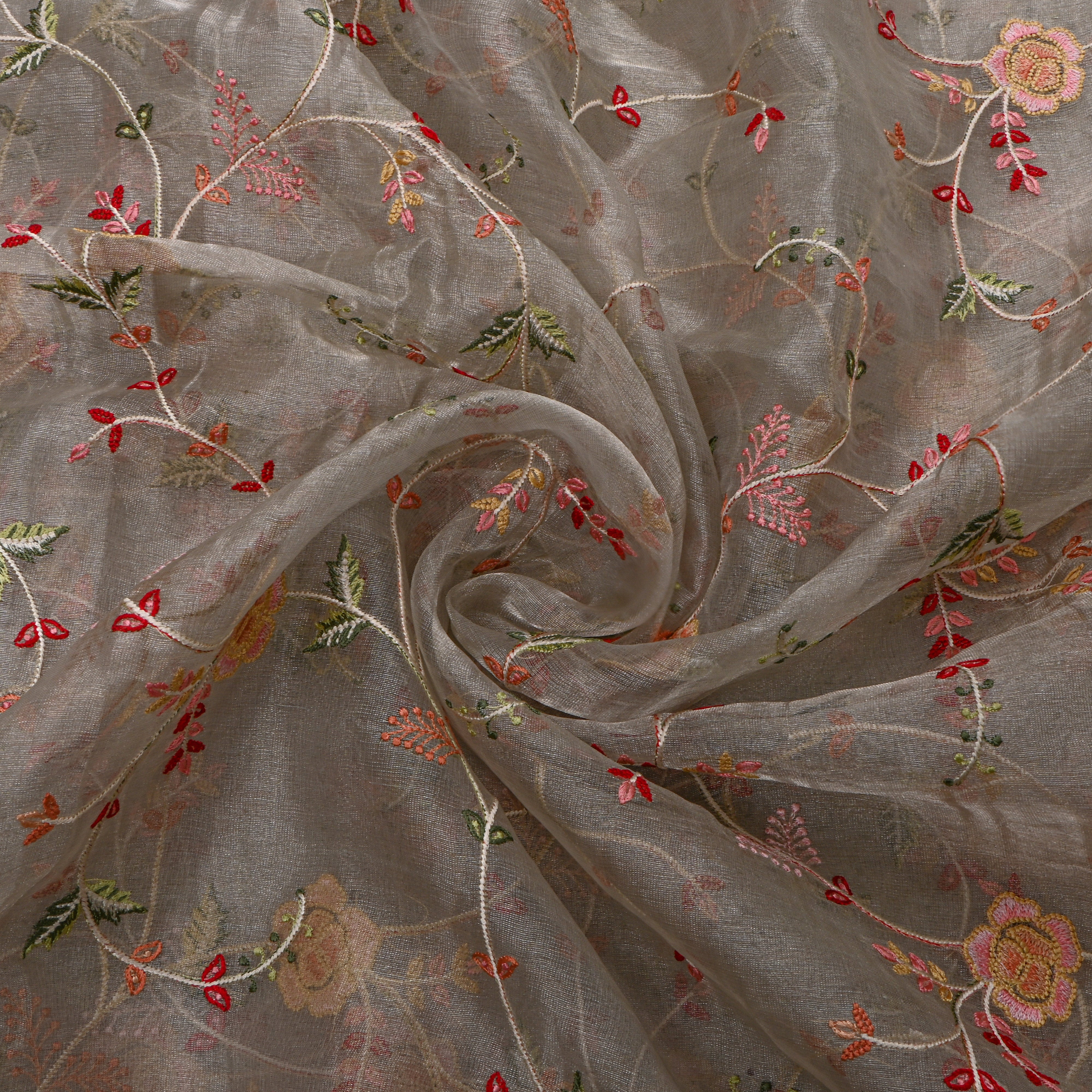 Dark Grey Tissue Fabric With Floral Jaal Thread Work