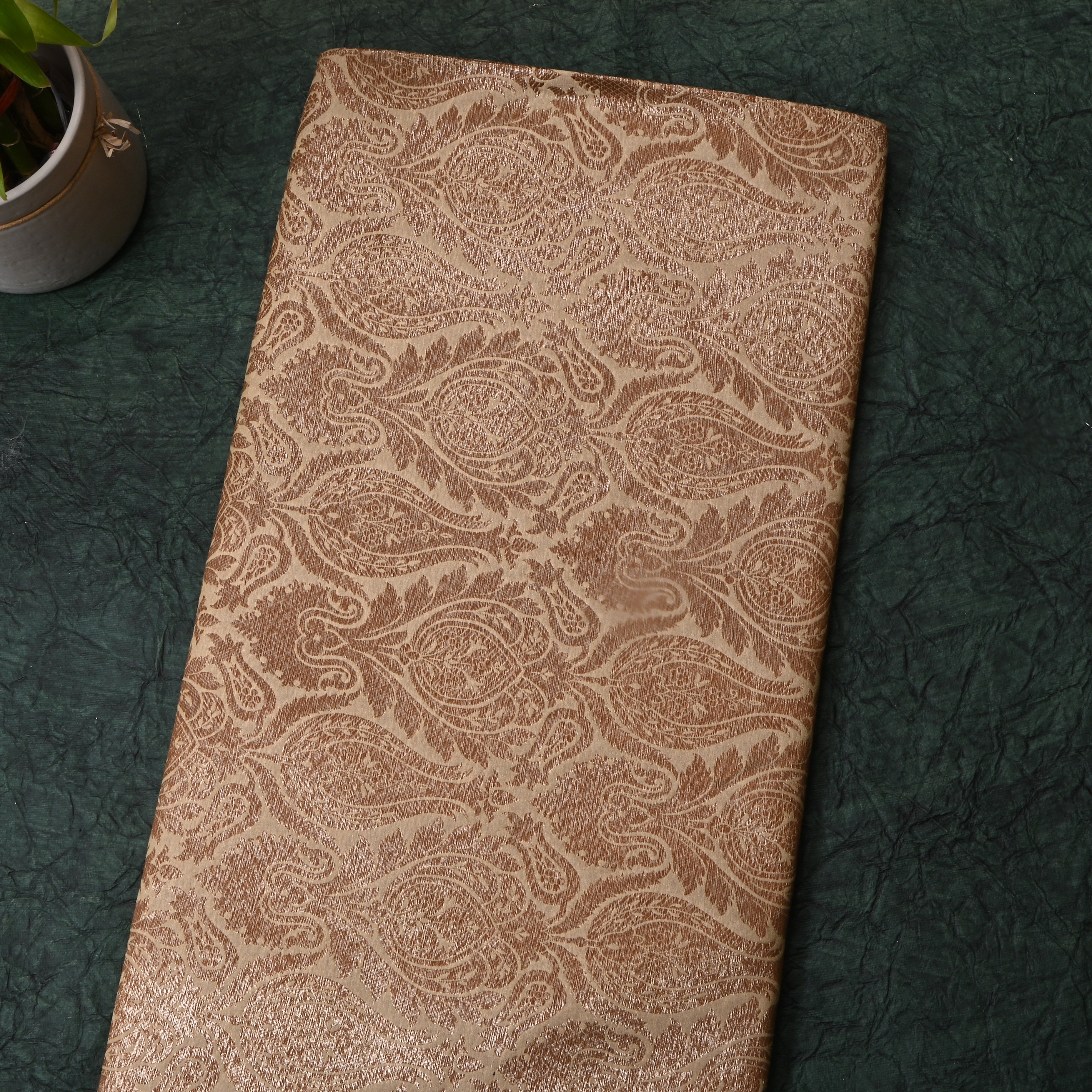 Golden Beige Floral Jamawar Silk Fabric