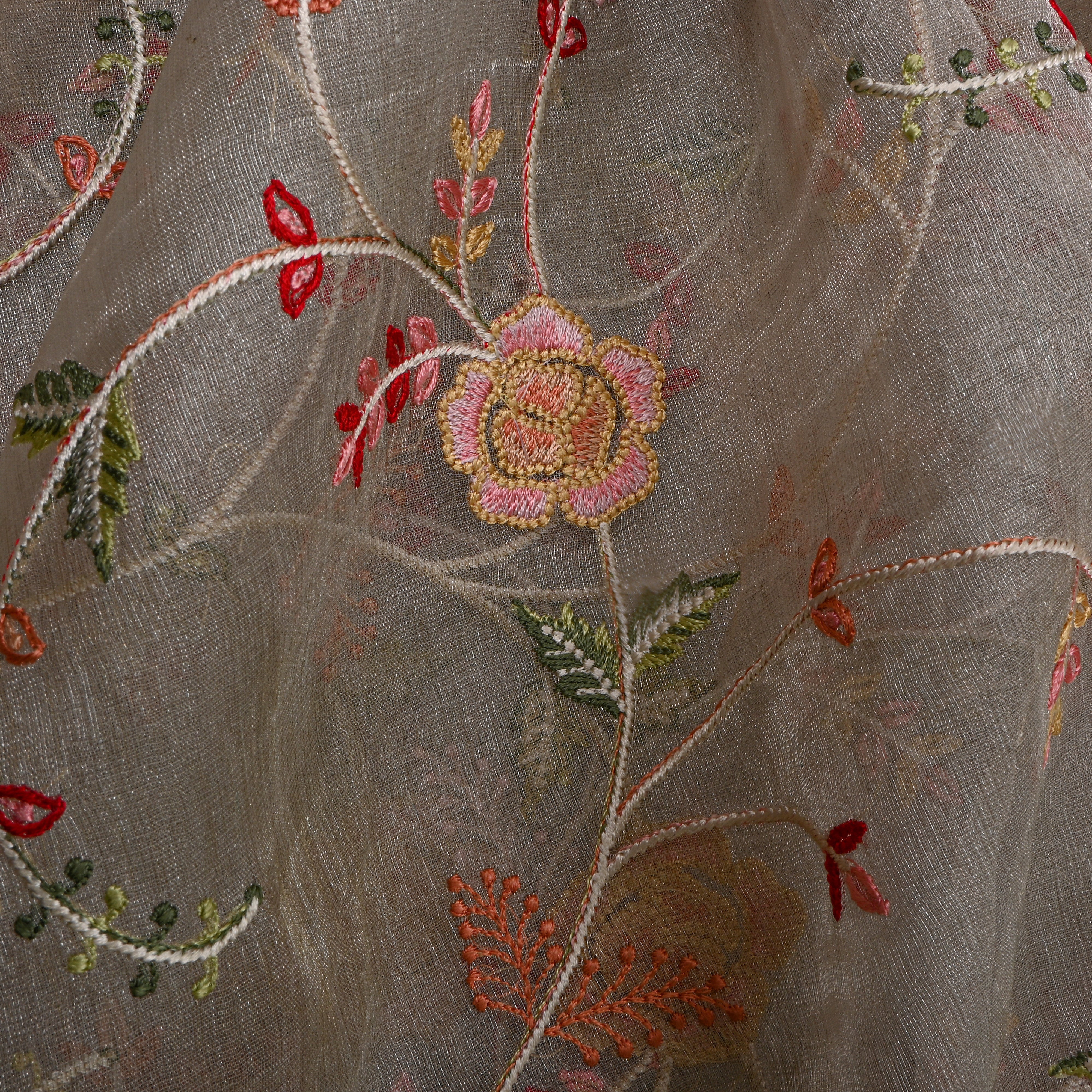 Dark Grey Tissue Fabric With Floral Jaal Thread Work