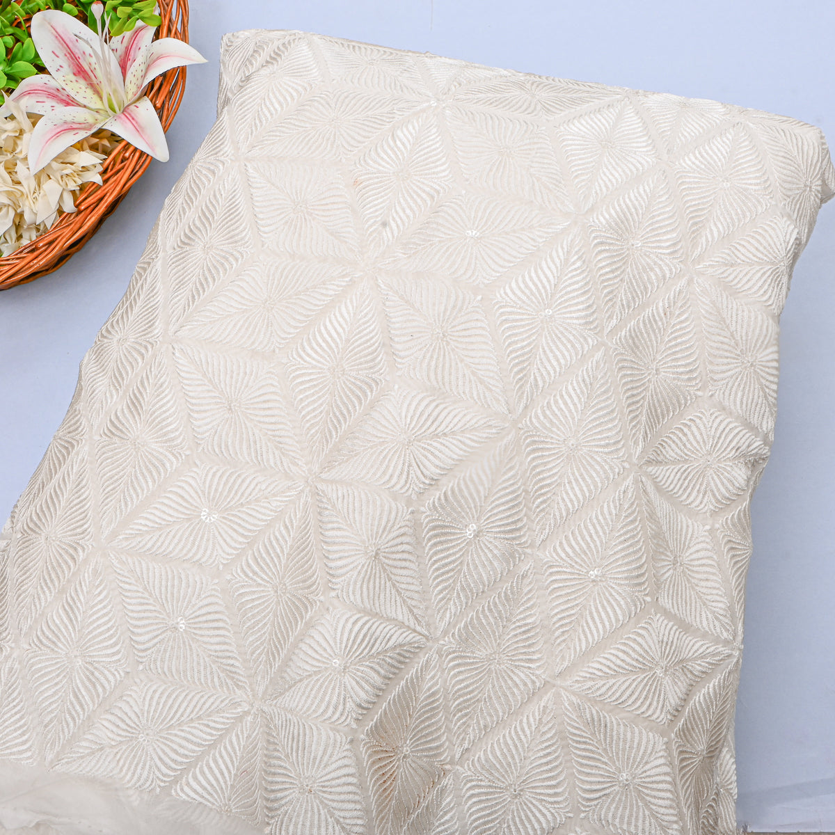 Chalk White Geometric Thread Work Organza Fabric