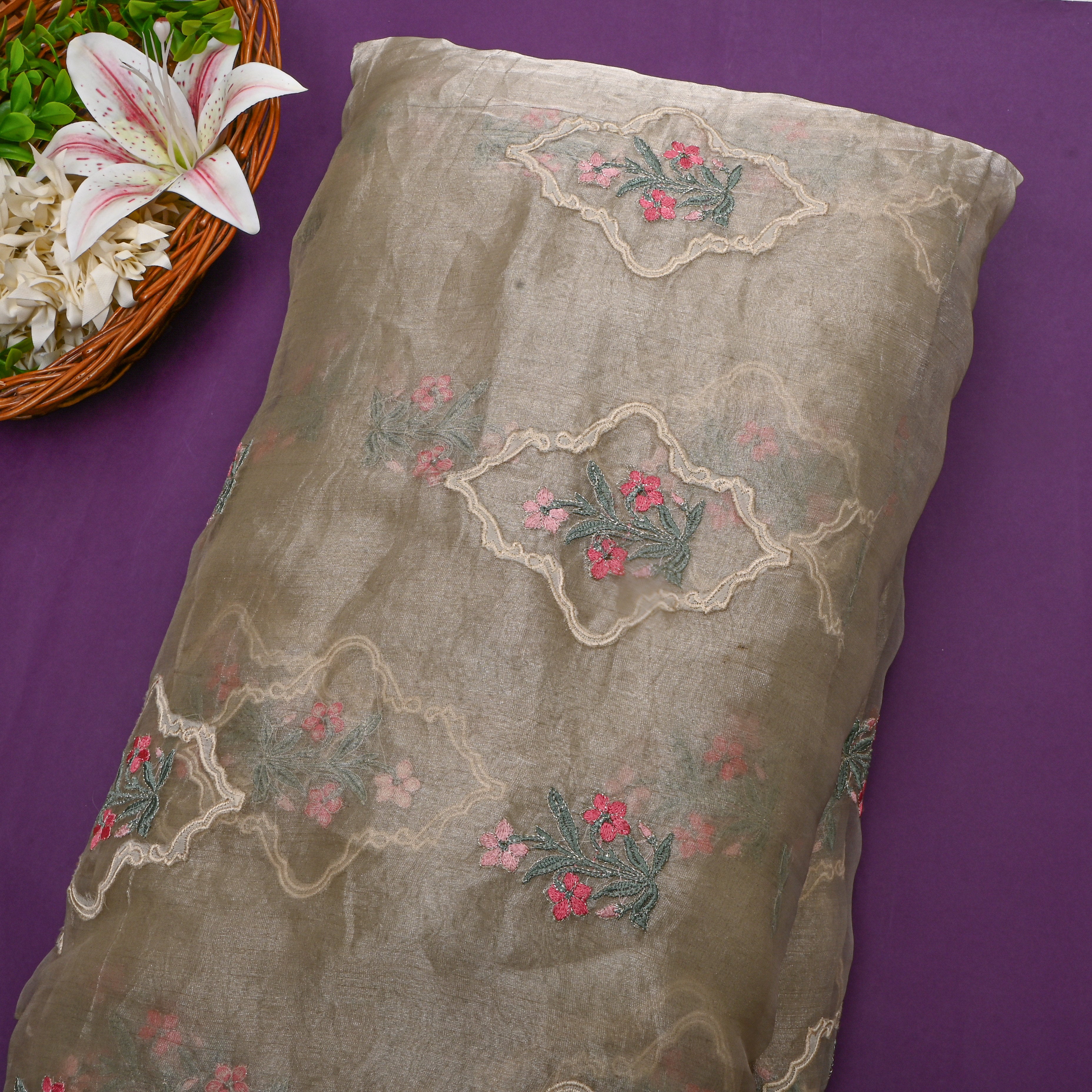 Bright Grey Tissue Fabric With Gold Floral Thread Work
