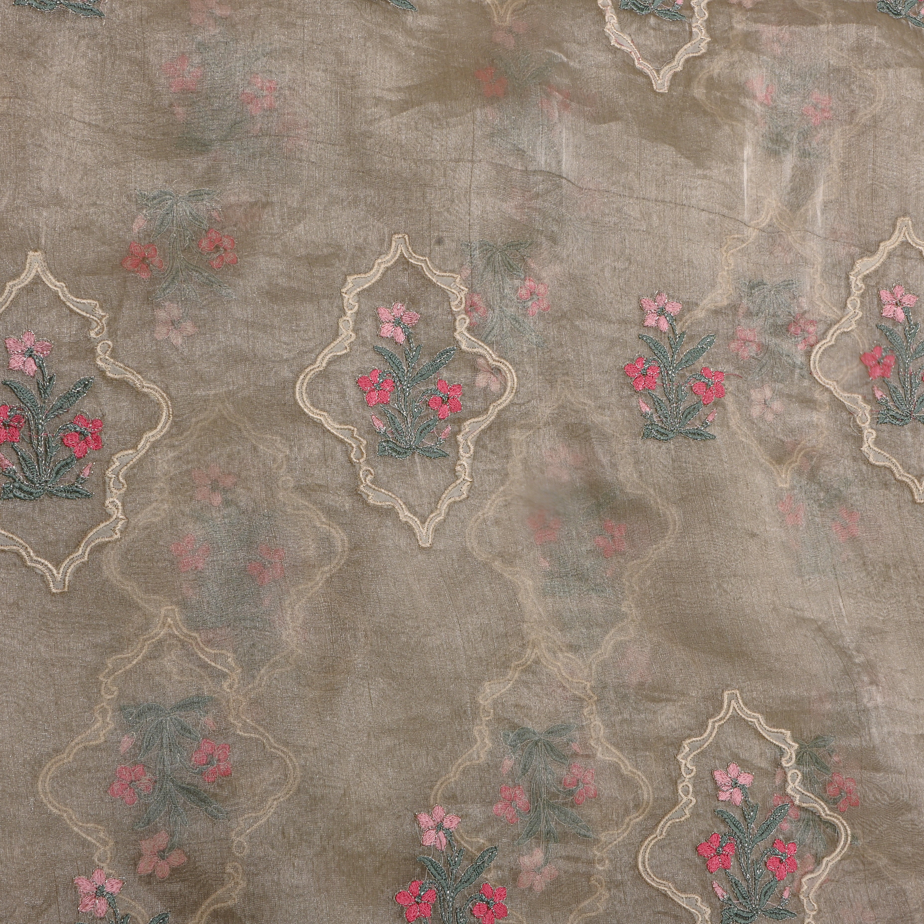 Bright Grey Tissue Fabric With Gold Floral Thread Work