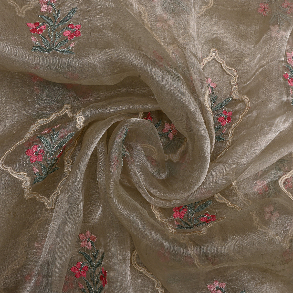 Bright Grey Tissue Fabric With Gold Floral Thread Work