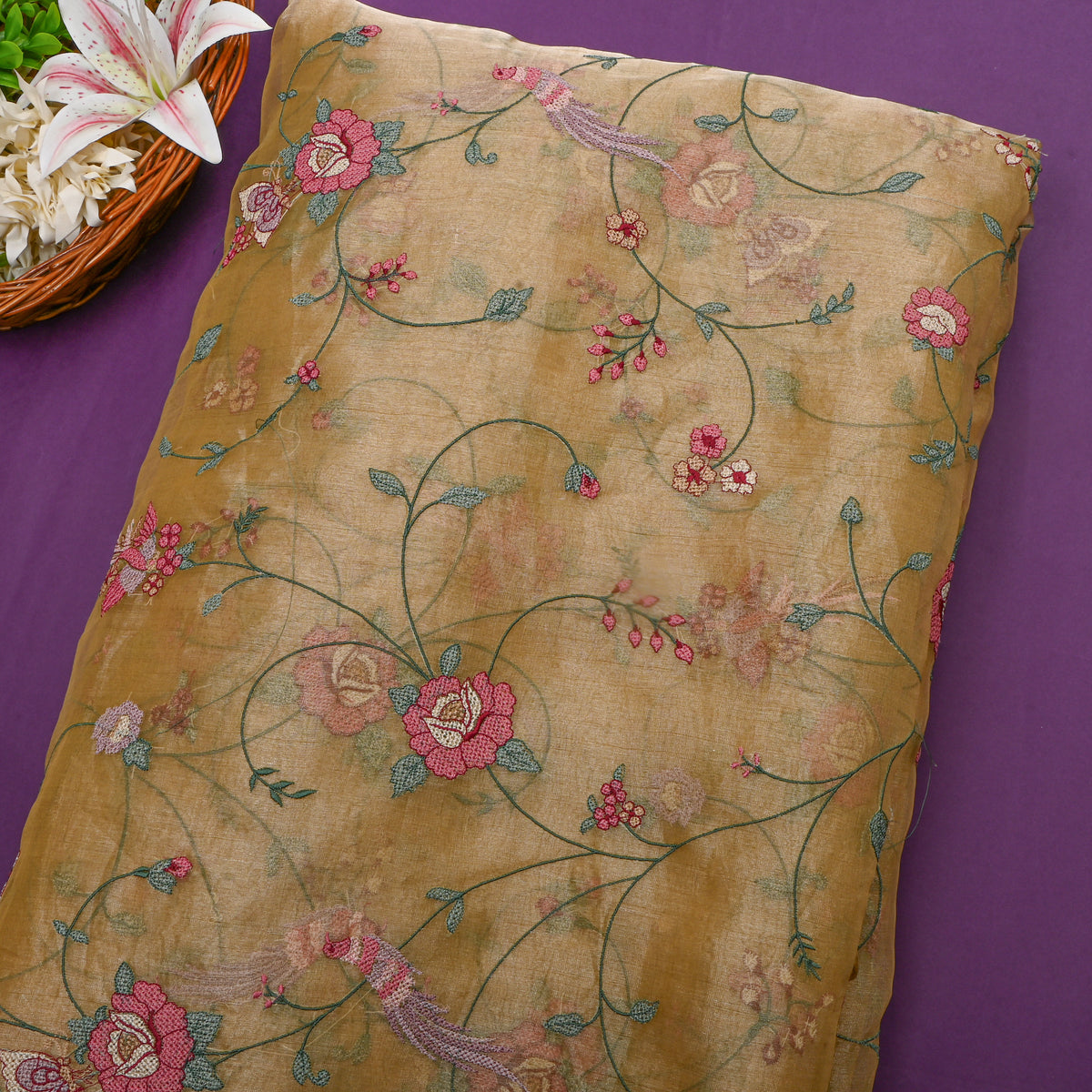 Yellow Floral Jaal Thread Work Tissue Fabric
