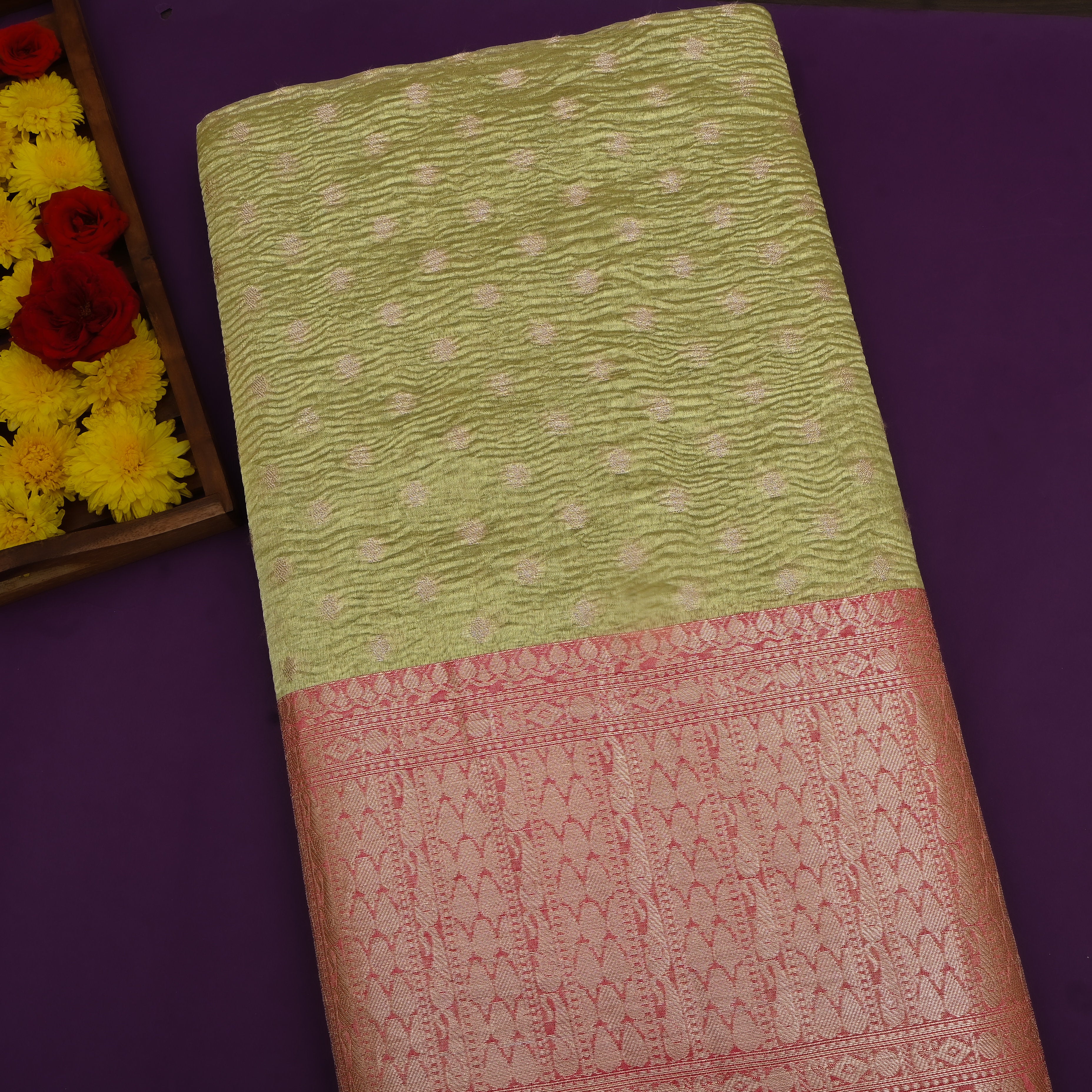 Olive Green Jamawar Tissue With Pink Kalka Border
