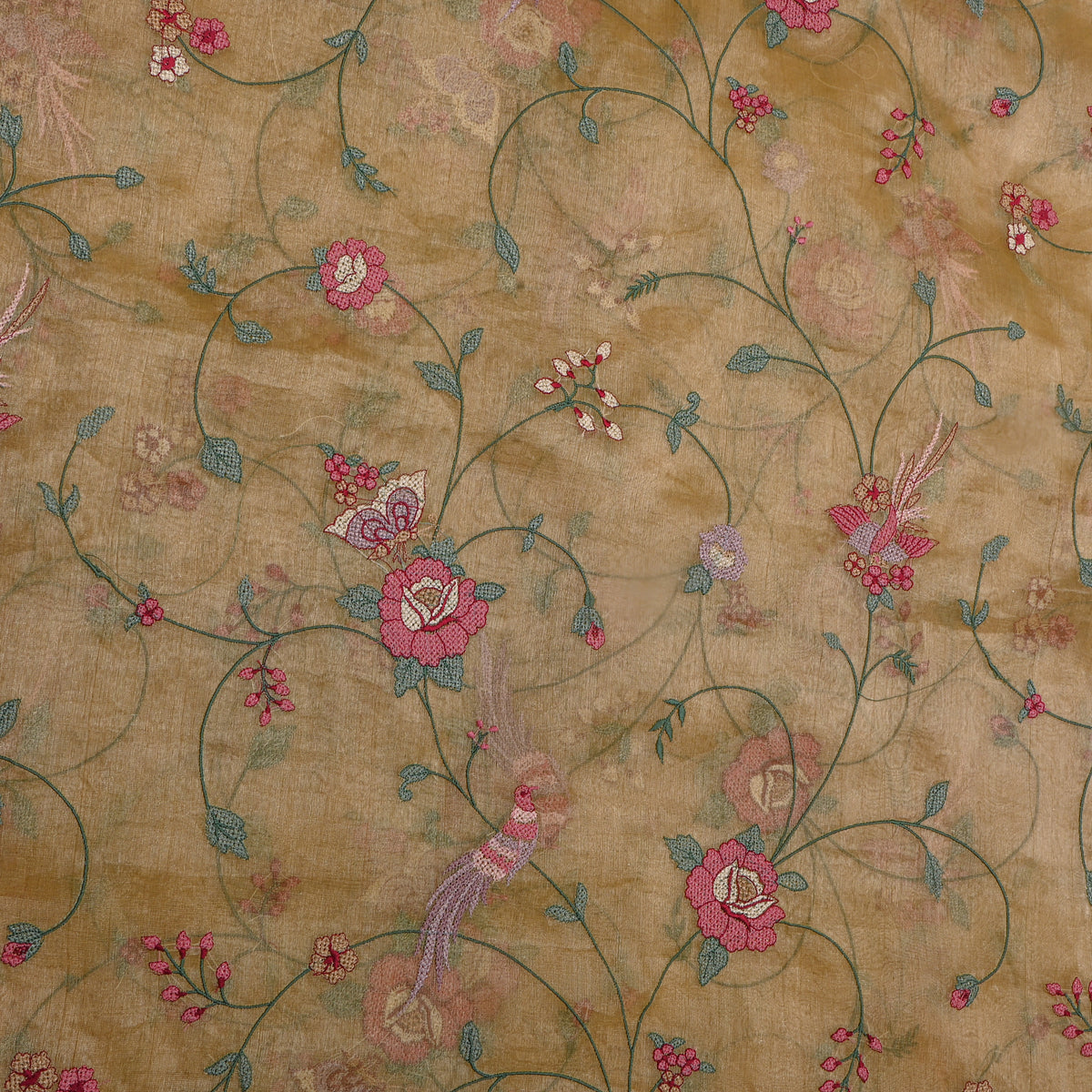 Yellow Floral Jaal Thread Work Tissue Fabric