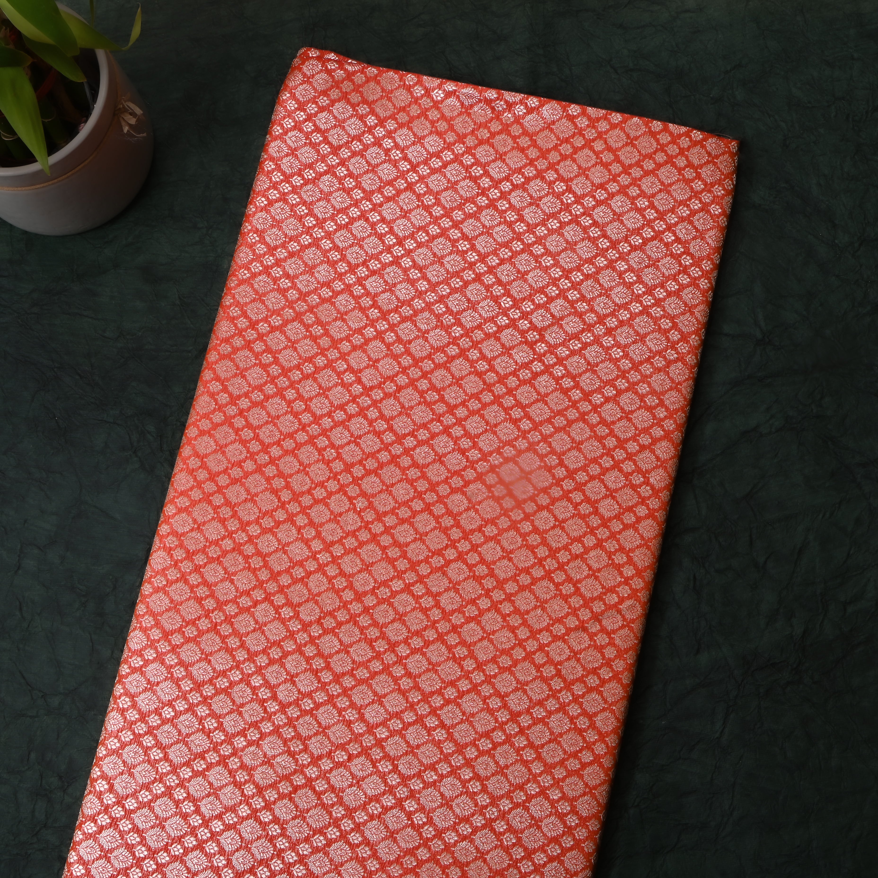 Tangerine Orange Floral Jamawar Silk Fabric