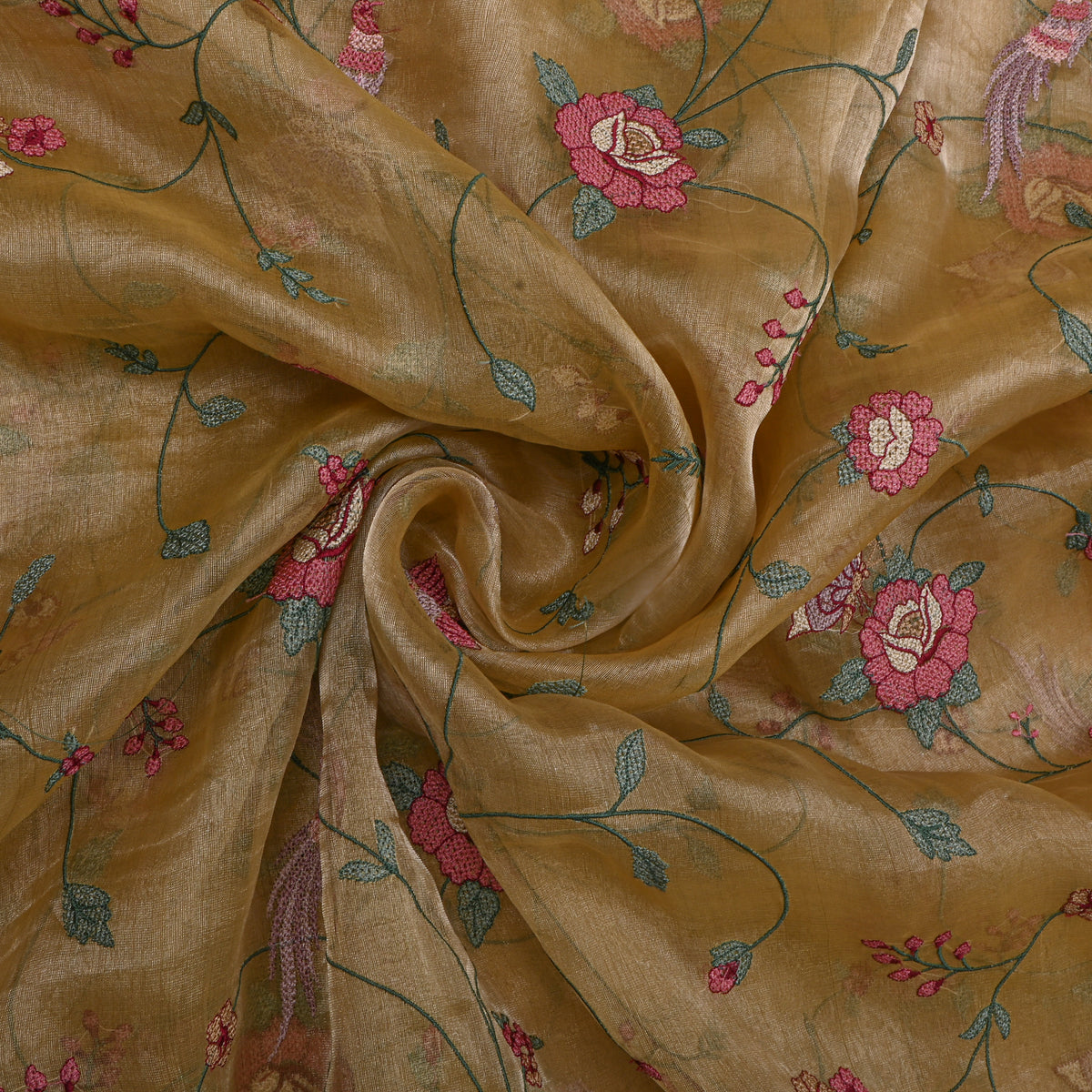 Yellow Floral Jaal Thread Work Tissue Fabric