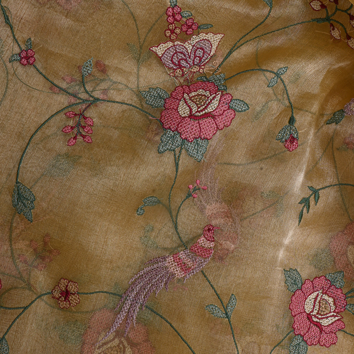 Yellow Floral Jaal Thread Work Tissue Fabric