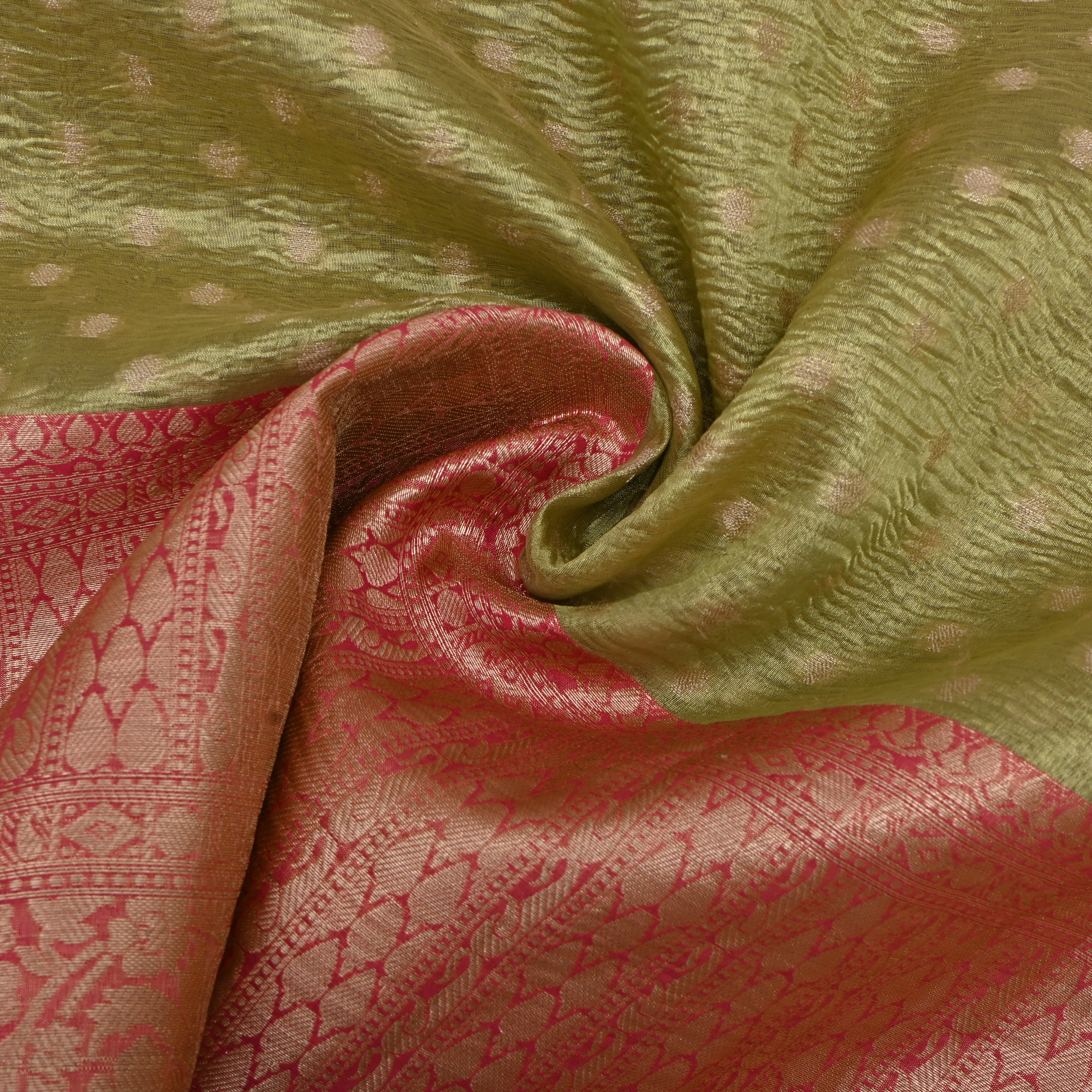 Olive Green Jamawar Tissue With Pink Kalka Border