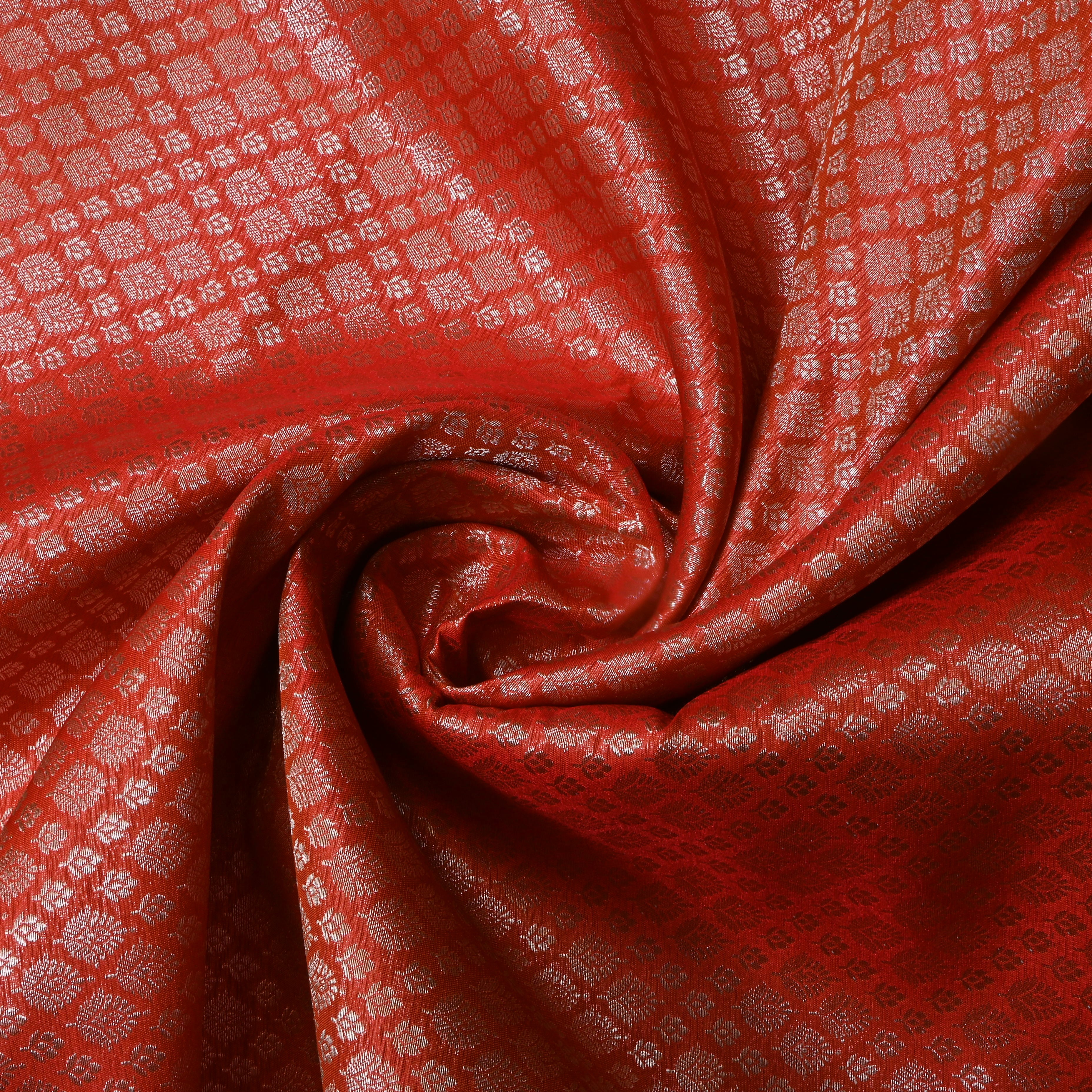 Tangerine Orange Floral Jamawar Silk Fabric