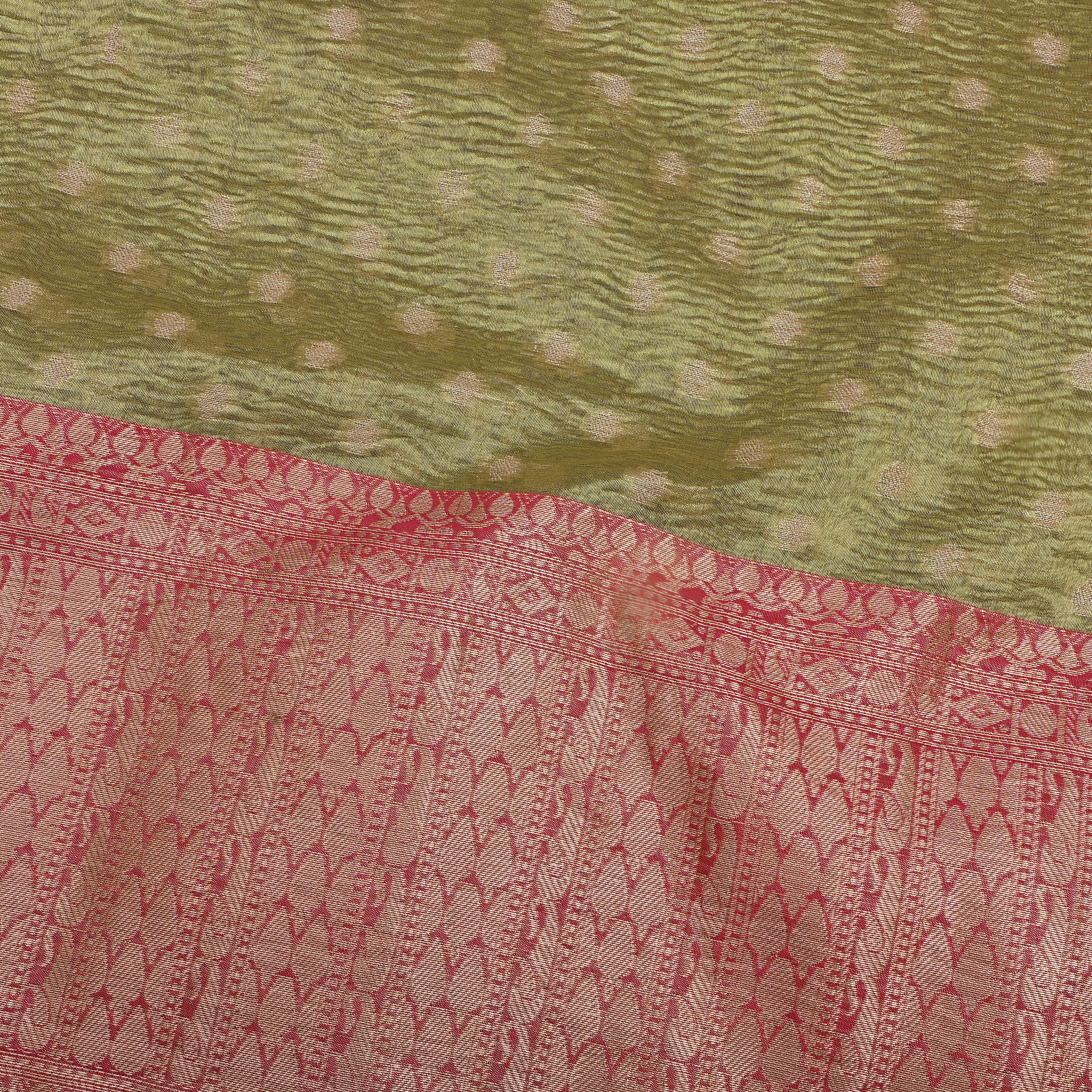 Olive Green Jamawar Tissue With Pink Kalka Border