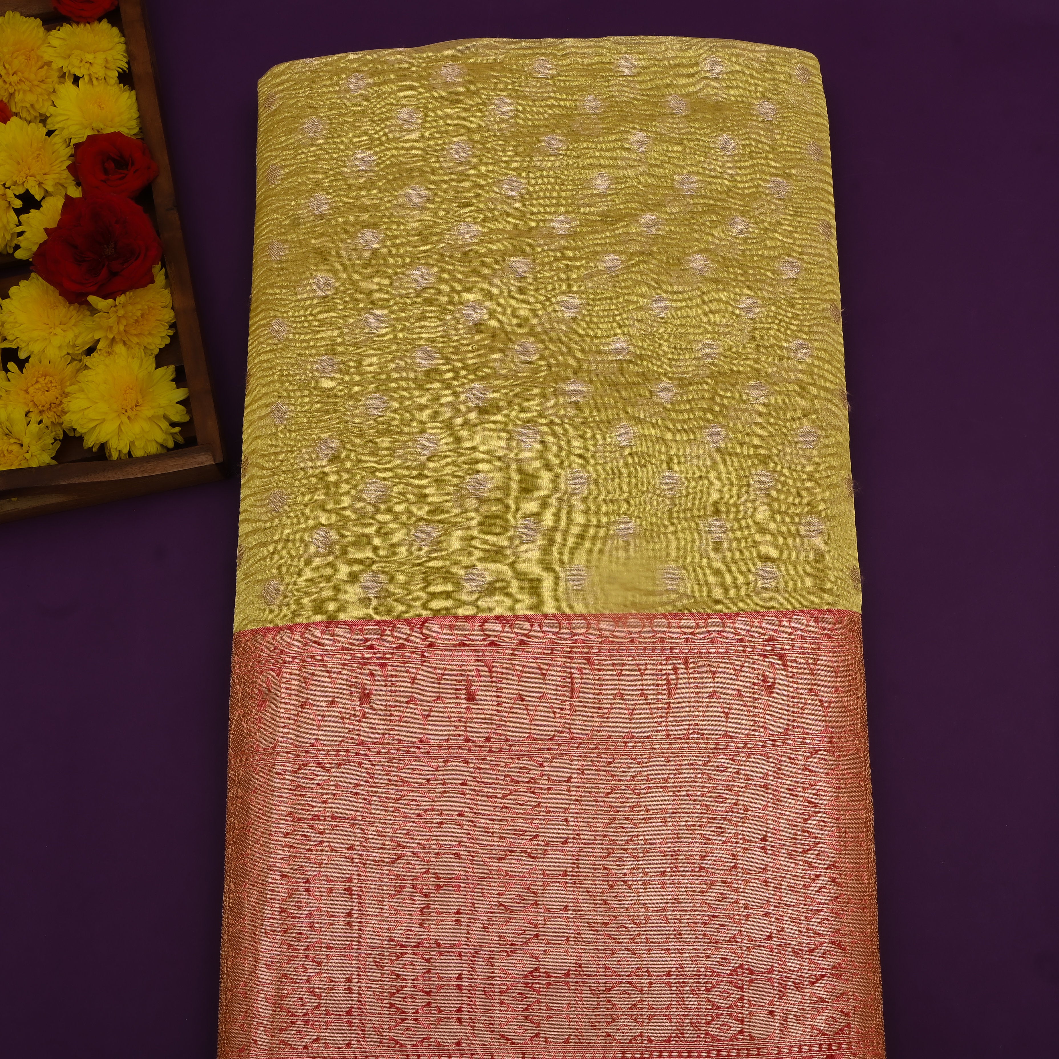 Mehendi Green Jamawar Tissue With Pink Kalka Border