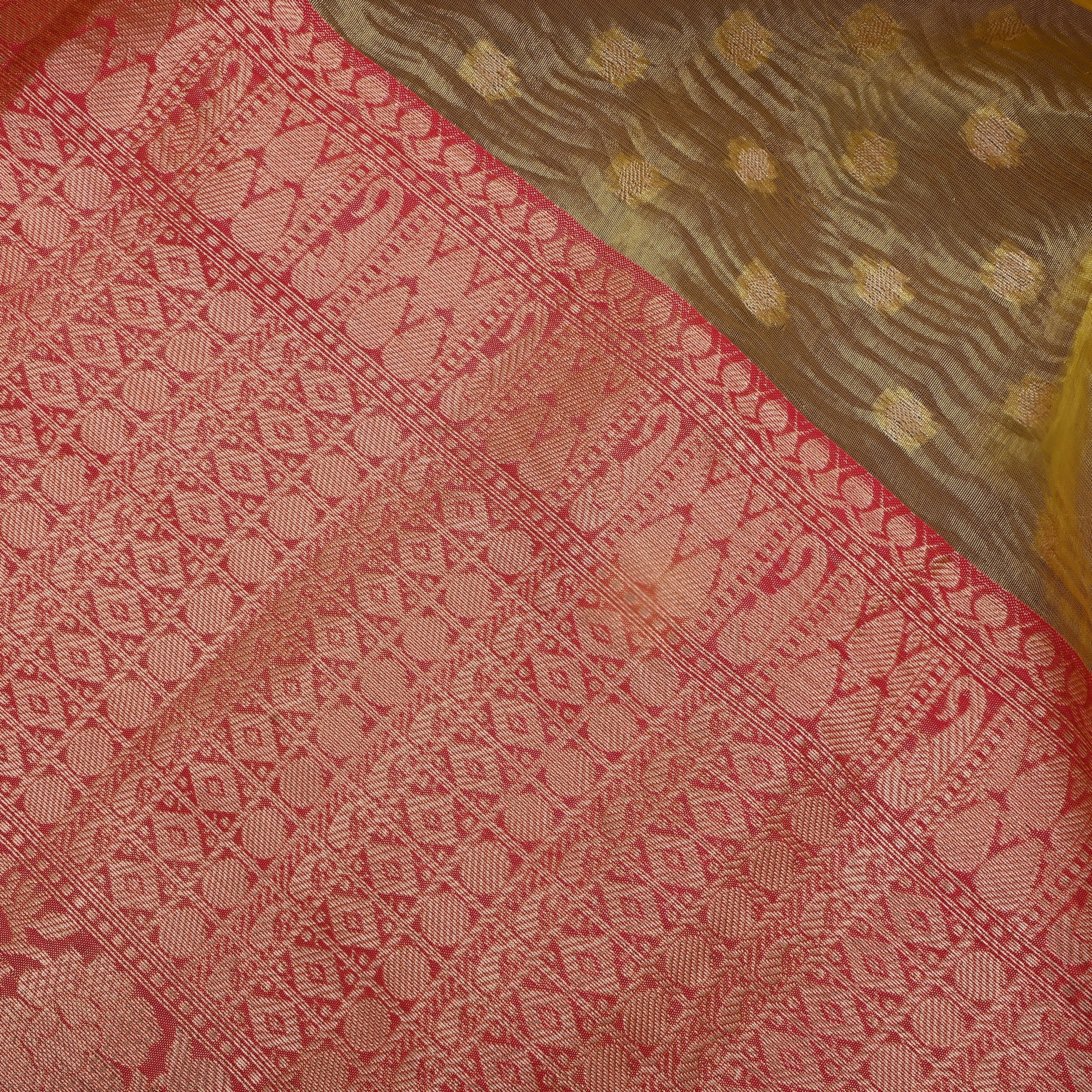 Mehendi Green Jamawar Tissue With Pink Kalka Border
