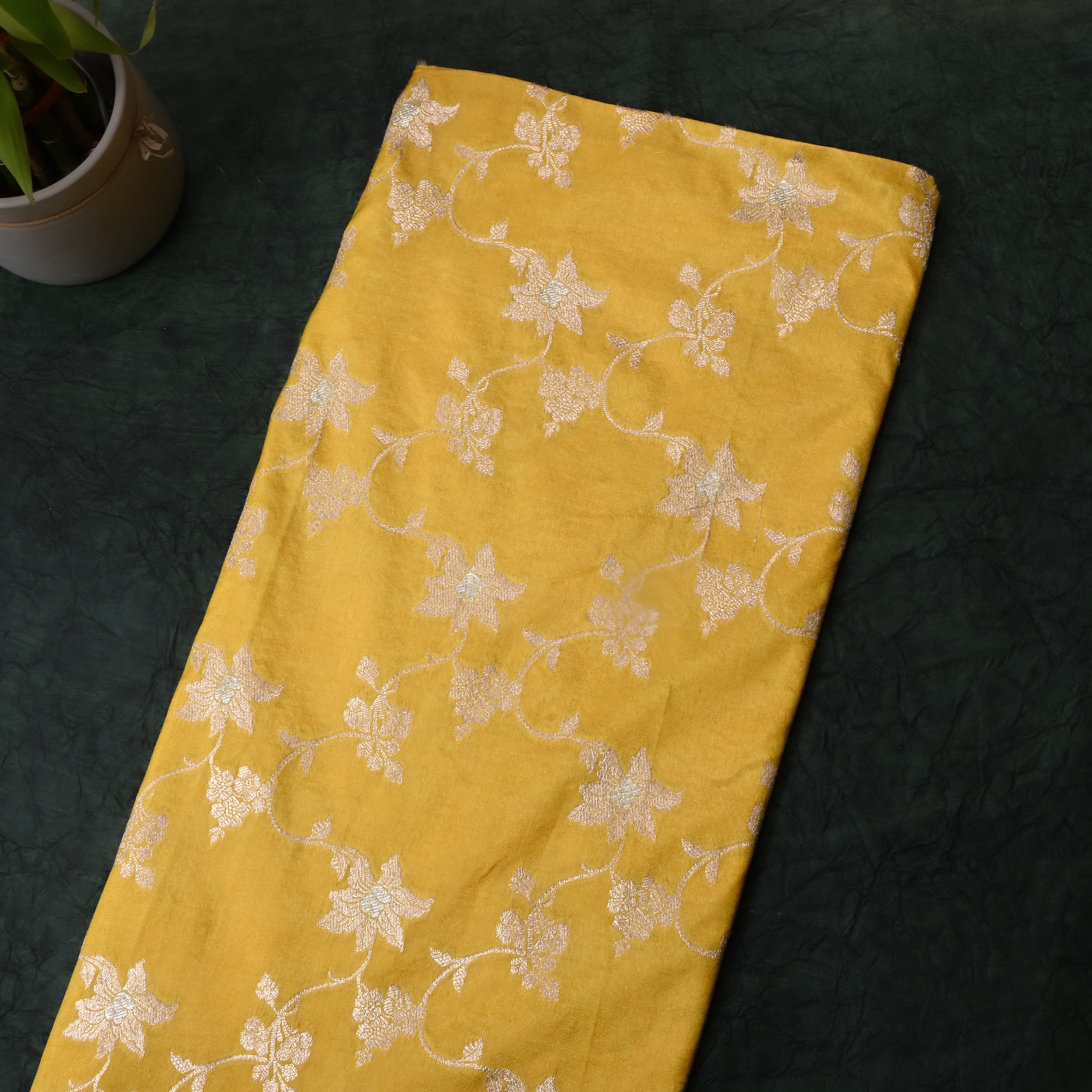 Rich Yellow Floral Jamawar Silk Fabric