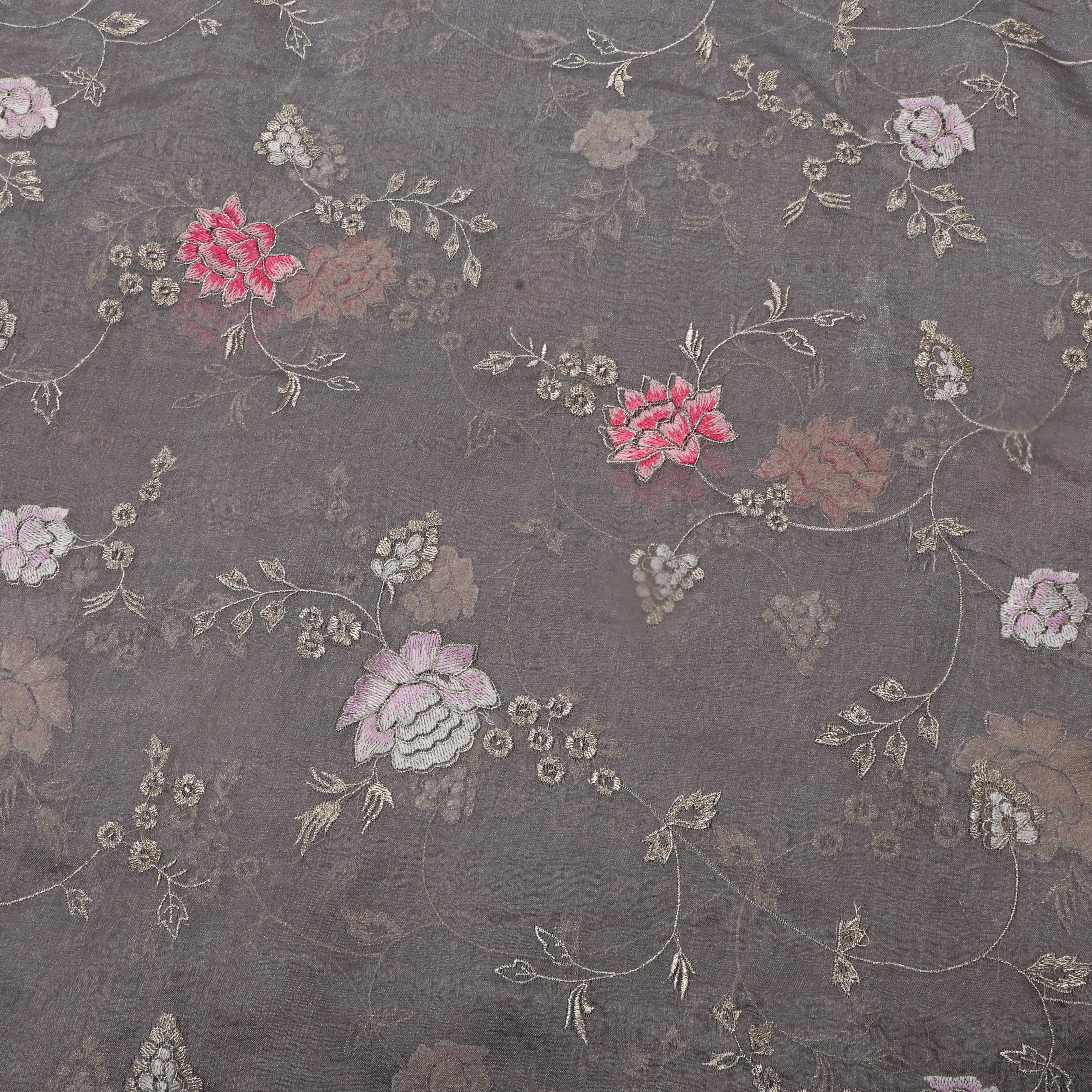 Light Gray Floral Silver Zari Tissue Fabric