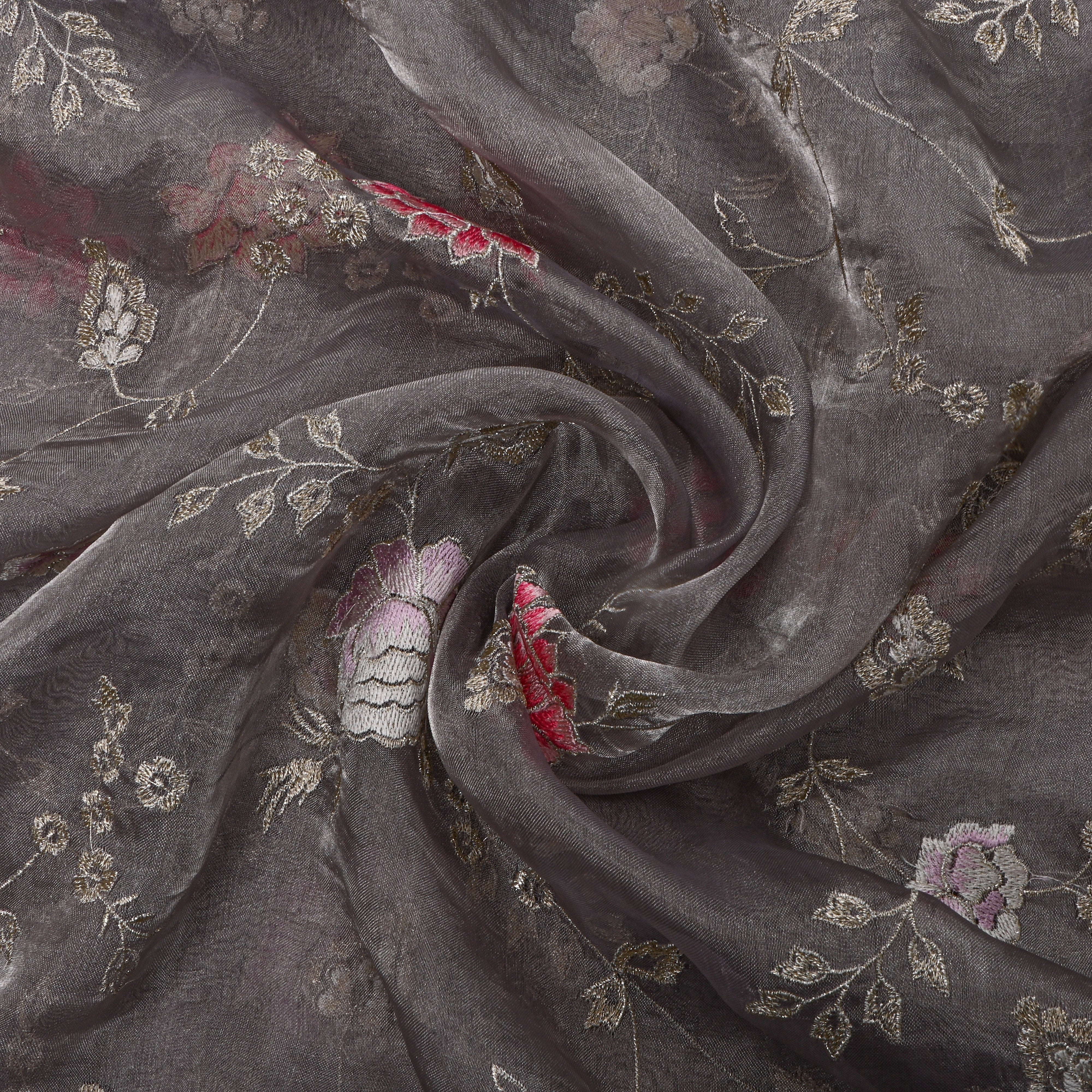 Light Gray Floral Silver Zari Tissue Fabric